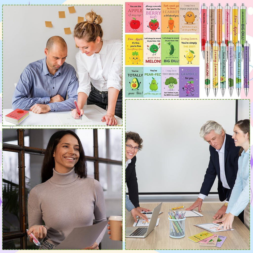 24 Sets Employee Appreciation Gifts Bulk Inspirational Mini Notebook with Pens Cute Fruit Vegetable Pun Design Motivational Pocket Notepads Positive Gifts for Coworker Staff Volunteer Teacher Student