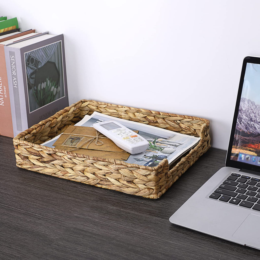 BTSKY Natural Water Hyacinth Woven Paper Letter Tray Desktop File Organizer Document Holder File Tray Magazine Stationery Storage Organizer，Multifunctional Hand Wove Rattan Serving Tray for Food