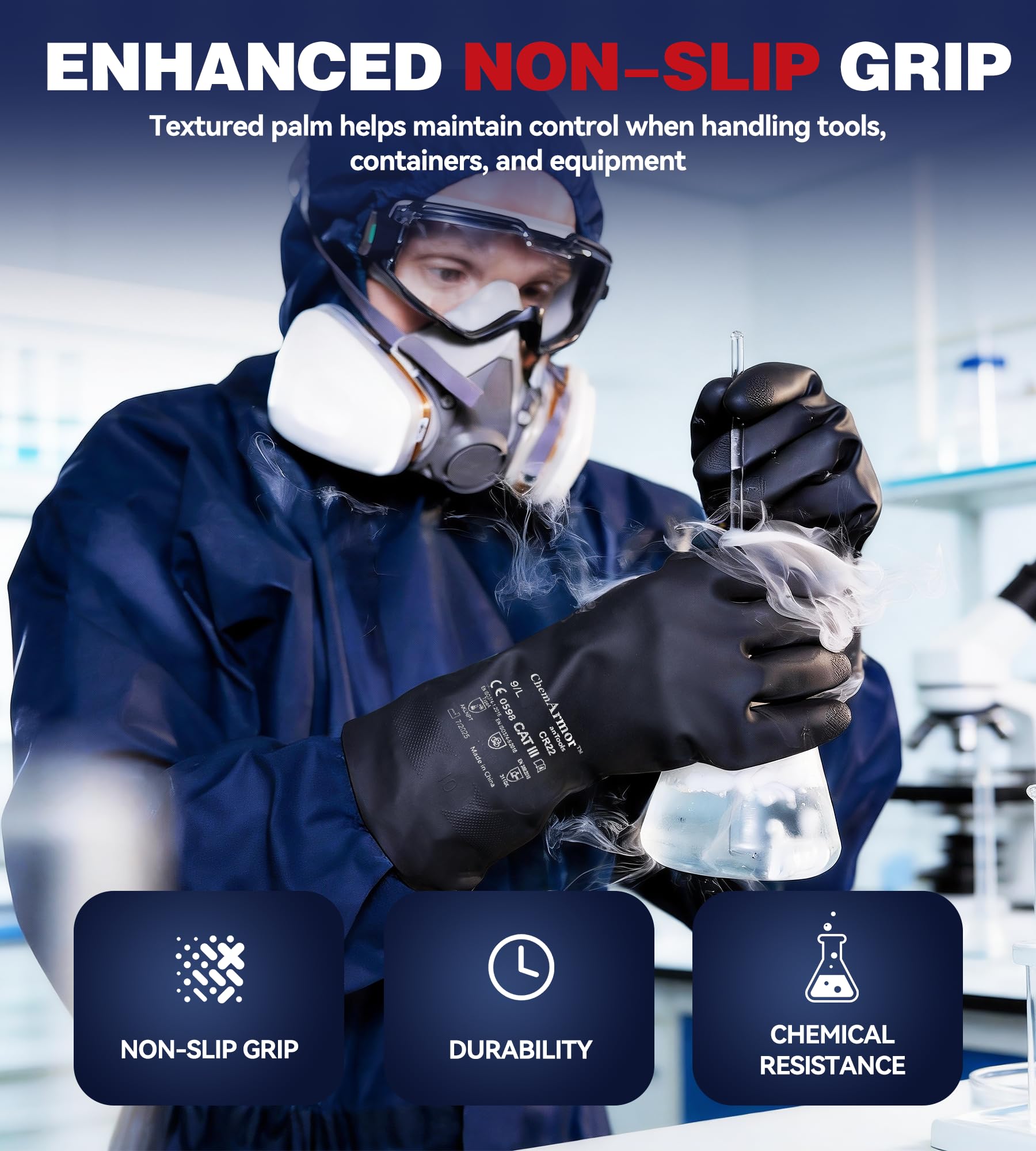 AnTools 2 Pairs Heavy-Duty Chemical Resistant Rubber Gloves, Protective Industrial Gloves for Cleaning, Dishwashing, Resist Acid, Alkali, Hazmat, Black, Large