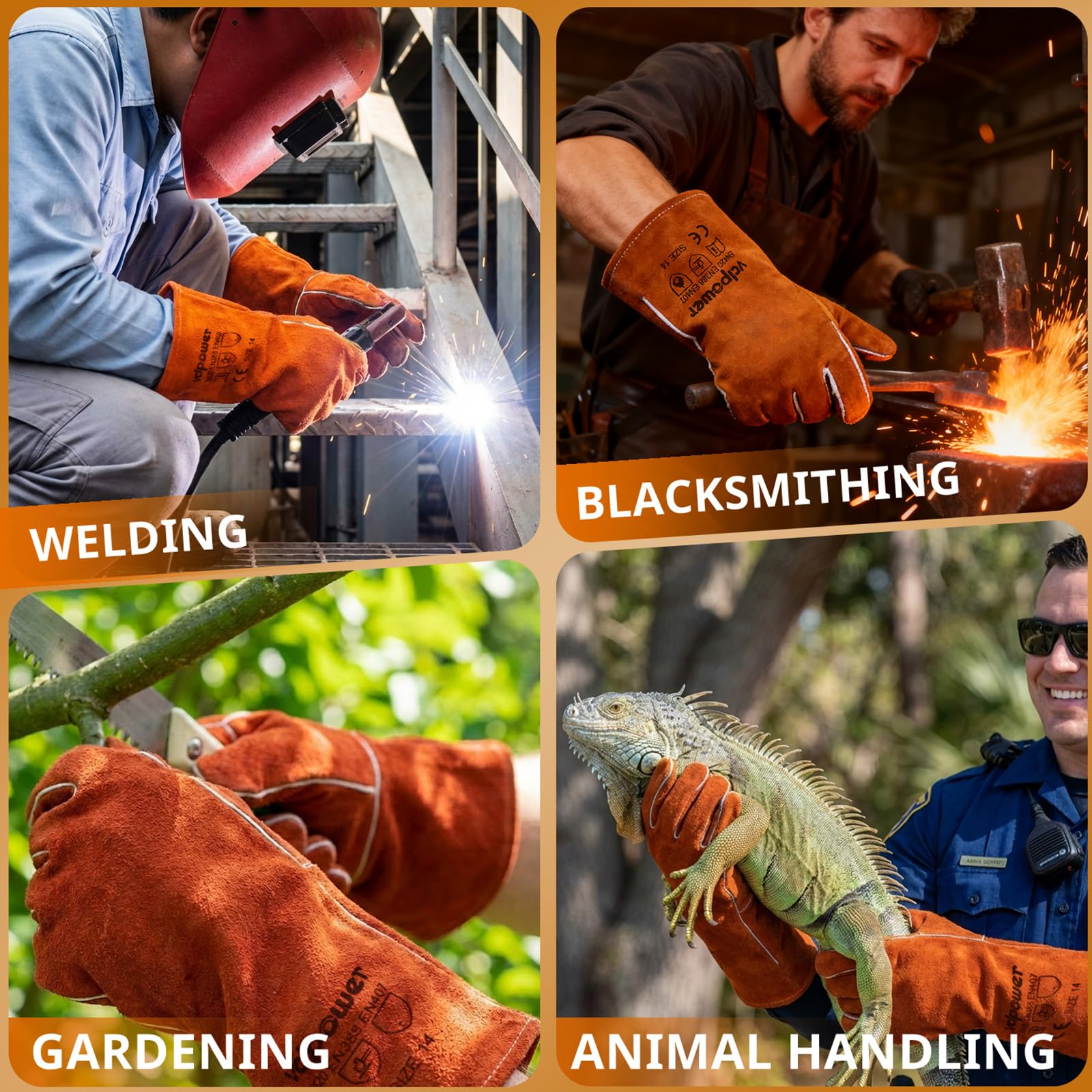 Vclpower Fireplace Gloves Fire Heat Resistant: 932°F Fireproof Leather for Fireplace Fire Pit Wood Stove Campfire Furnace BBQ Baking,Grill Oven Stick Mig Tig Welding Welder Gear for Man L 14in Brown