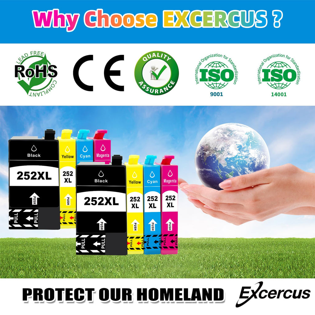 EXCERCUS 252XL Ink Cartridges Remanufactured for Epson 252XL T252 Ink Cartridge Work for WorkforceWF-7720 WF-3640 WF-7710 WF-3620 WF-7210 WF-7610 WF-7620 (2 Large Black, 2Cyan,2Magenta, 2Yellow)