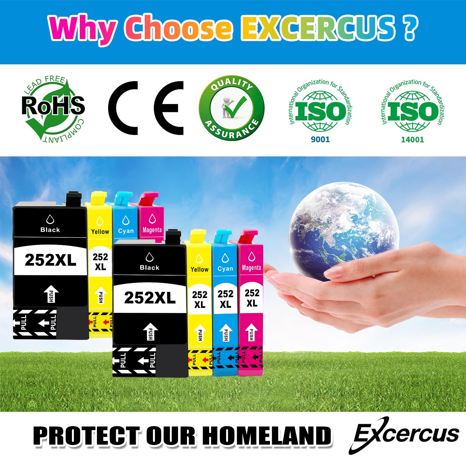 EXCERCUS 252XL Ink Cartridges Remanufactured for Epson 252XL T252 Ink Cartridge Work for WorkforceWF-7720 WF-3640 WF-7710 WF-3620 WF-7210 WF-7610 WF-7620 (2 Large Black, 2Cyan,2Magenta, 2Yellow)
