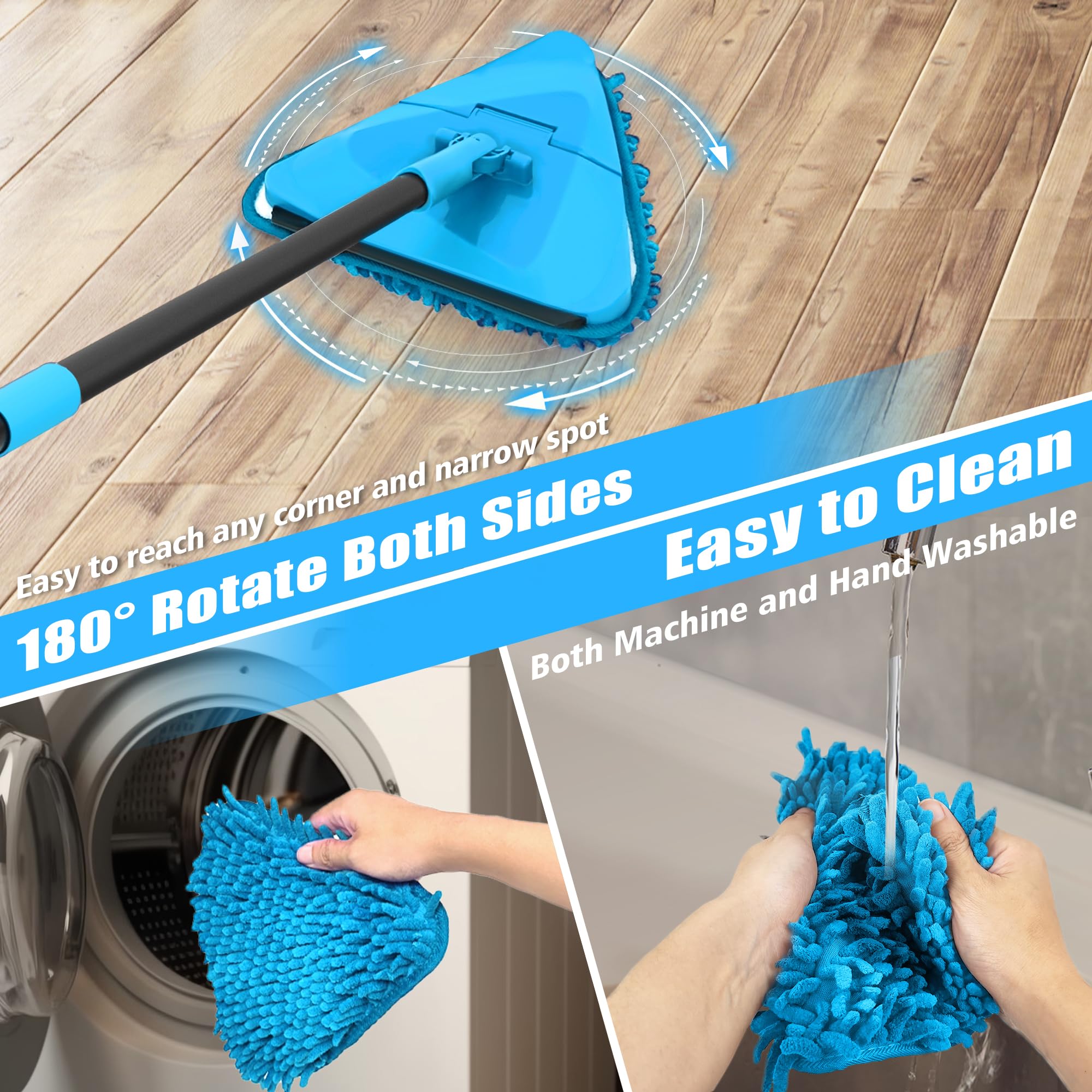 NEWE Wall Mop Cleaner with 80 inches Long Handle, 180° Folding Ceiling Cleaning Tool with Squeegee for Washing Painted Walls, Triangle Baseboard Scrubber 4 Chenille Duster and 2 Microfiber Pads