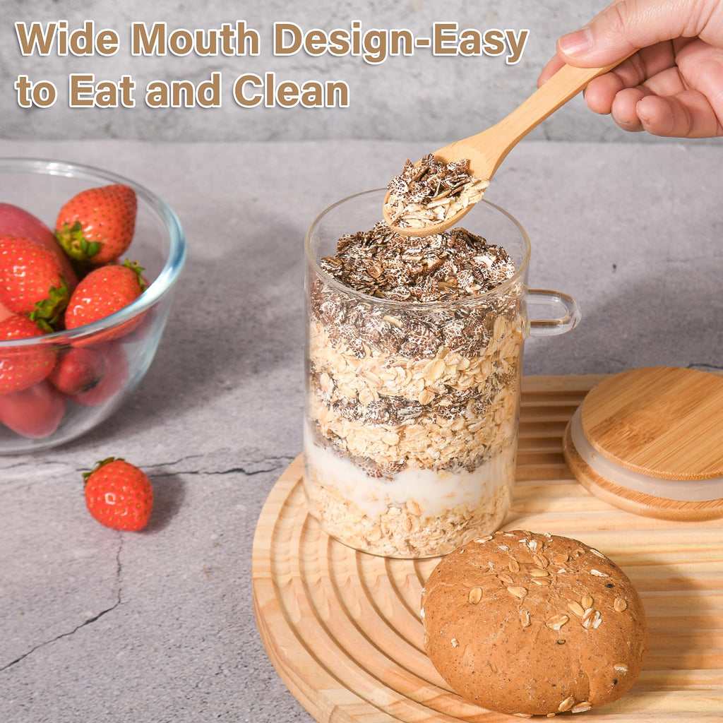 Overnight Oats Jars with Spoons-4 Pack 18oz Overnight Oats Containers with Lids-Glass Jar with Bamboo Lids for Chia Seed Pudding Salad Cereal Coffee Flour-Sourdough Starter Jar for Bread (4)