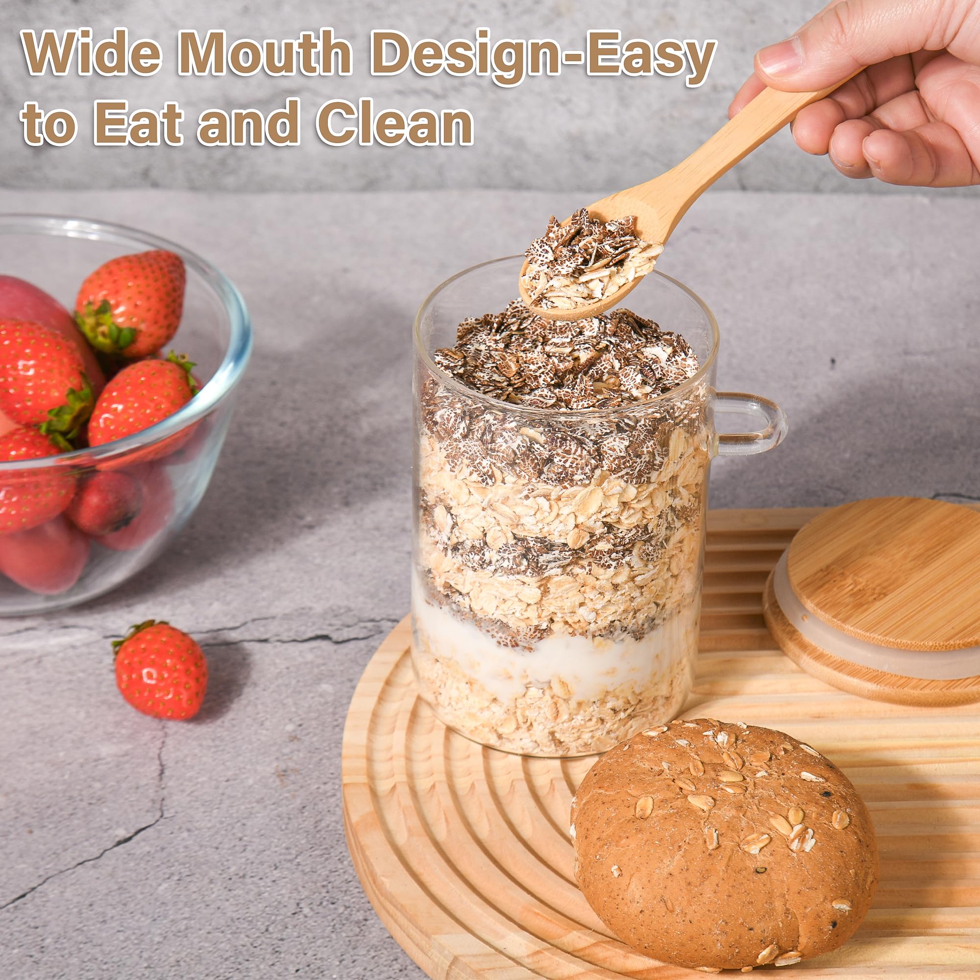Overnight Oats Jars with Spoons-4 Pack 18oz Overnight Oats Containers with Lids-Glass Jar with Bamboo Lids for Chia Seed Pudding Salad Cereal Coffee Flour-Sourdough Starter Jar for Bread (4)