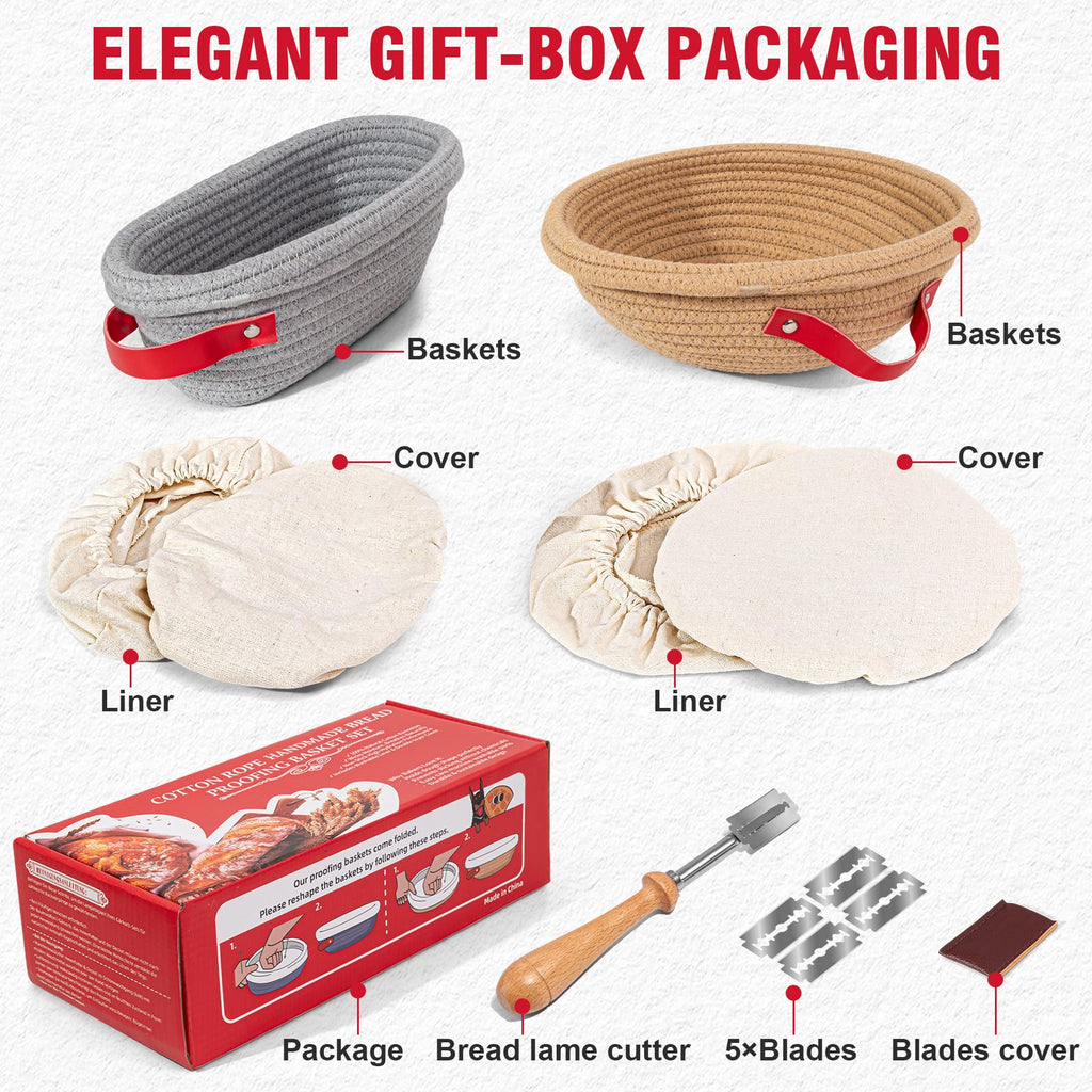 Banneton Proofing Basket Set - 9" Round & 10" Oval with Liners & Covers & Bread Lame | Cotton Rope Sourdough Bread Proofing Basket, Sourdough Tools Baking Supplies Gifts for Bakers, Women, Wife, Mom