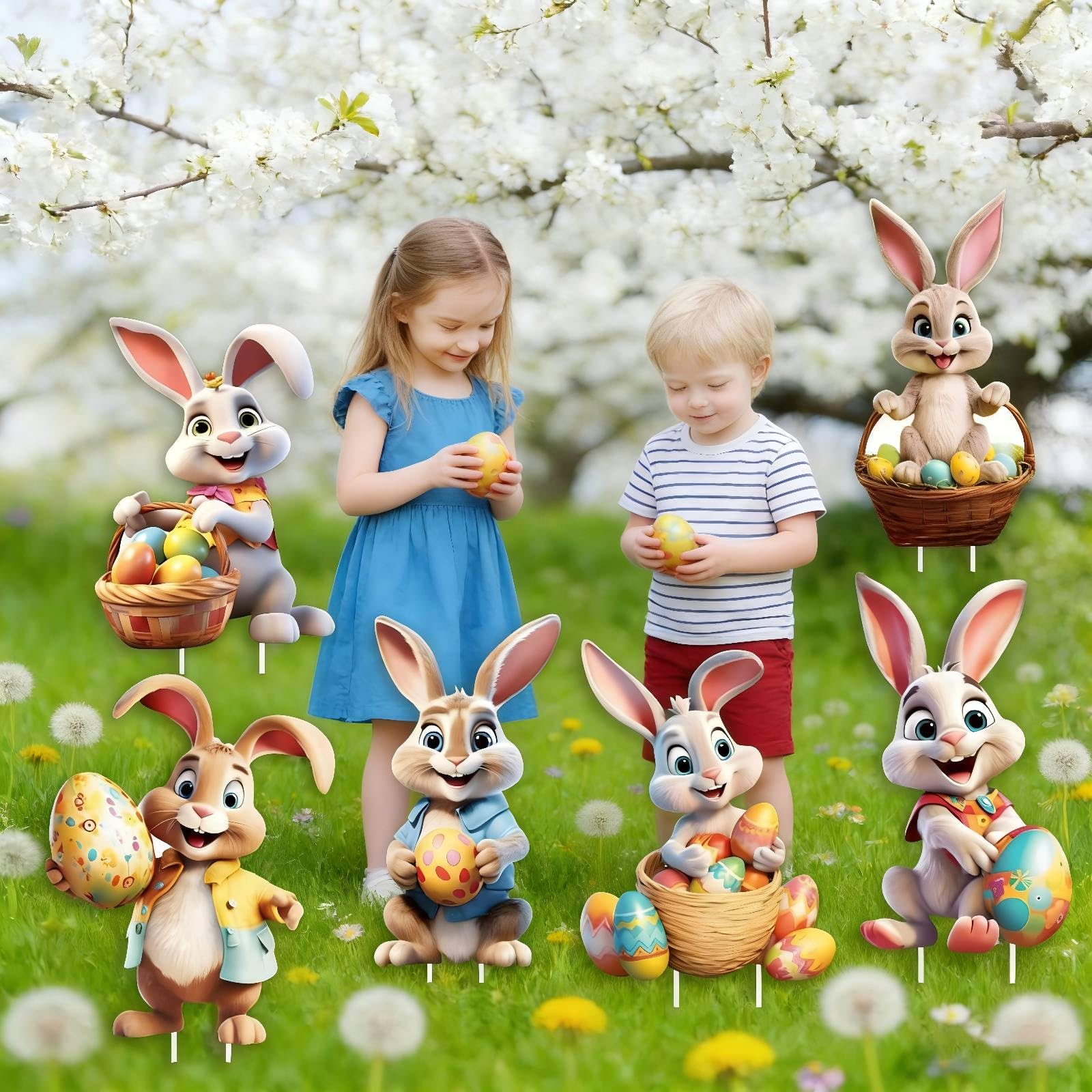 Easter Decorations Outdoor - 6 pcs with Stakes Cute Yard Signs Bunny Eggs Garden - Holiday Welcome Signs for Happy Themed Festival Party Supplies, Lawn, Garden Decor
