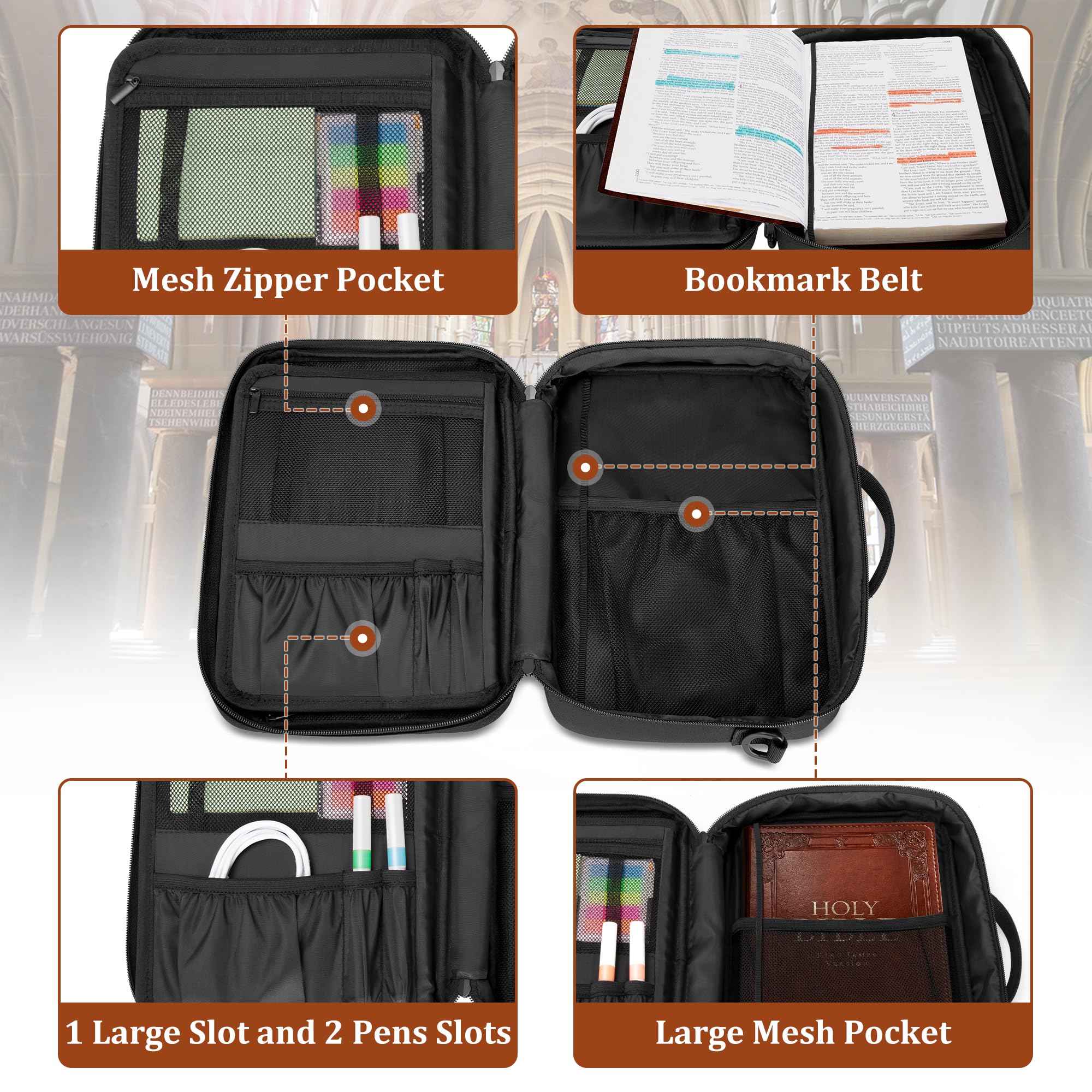 Damero Bible Cover for Men Women, Bible Carrying Case Church Bag with Pockets and Shoulder Strap, Black (Patent Pending)