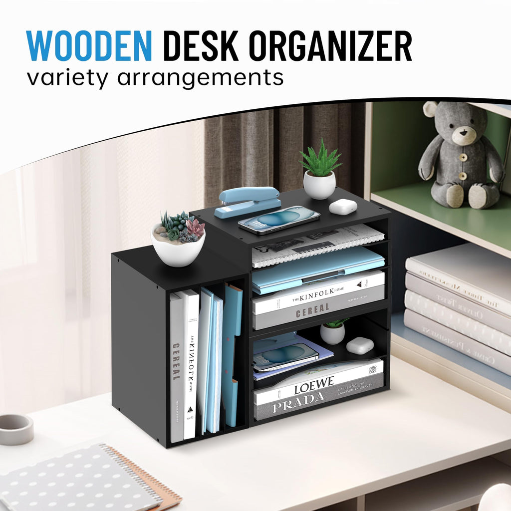SHARKWOODS Wood Desk Organizer, 3 Tier Paper Sorter for Desktop with Adjustable Storage Shelves, Desktop Mail Holder for Office Home Classroom, Black