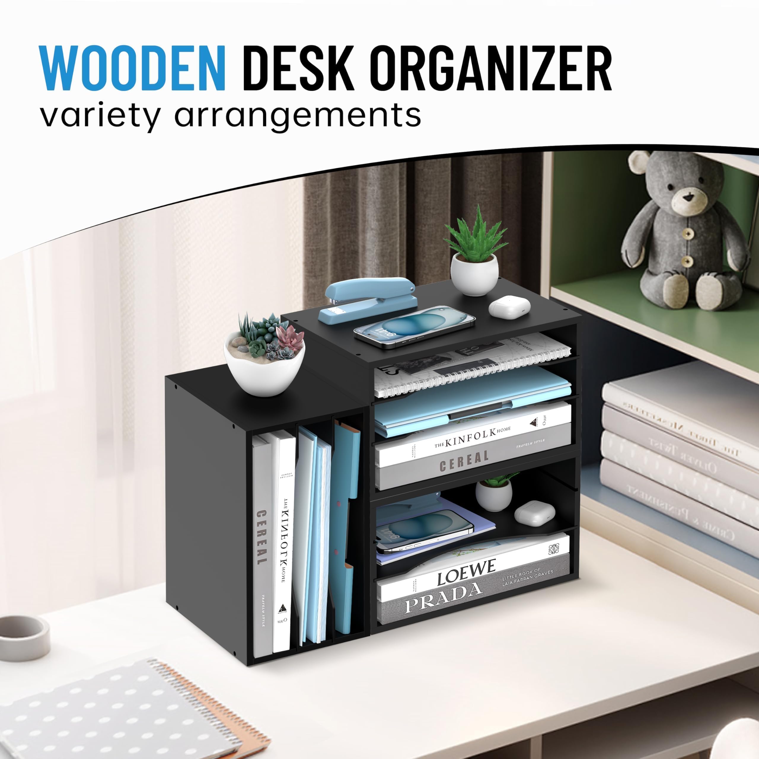 SHARKWOODS Wood Desk Organizer, 3 Tier Paper Sorter for Desktop with Adjustable Storage Shelves, Desktop Mail Holder for Office Home Classroom, Black