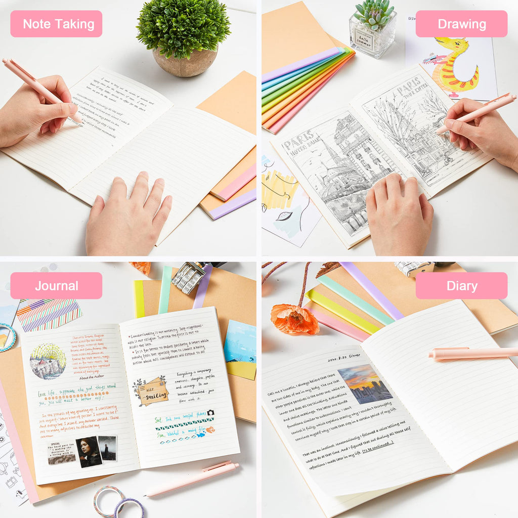 feela 16 Pack Composition Notebook Bulk, Kraft Cover Lined Blank College Ruled Travel Journals with Pastel Color Spine for Women Students Office, 60 Pages, 8.3”x 5.5”, A5, 8 Pastel Colors