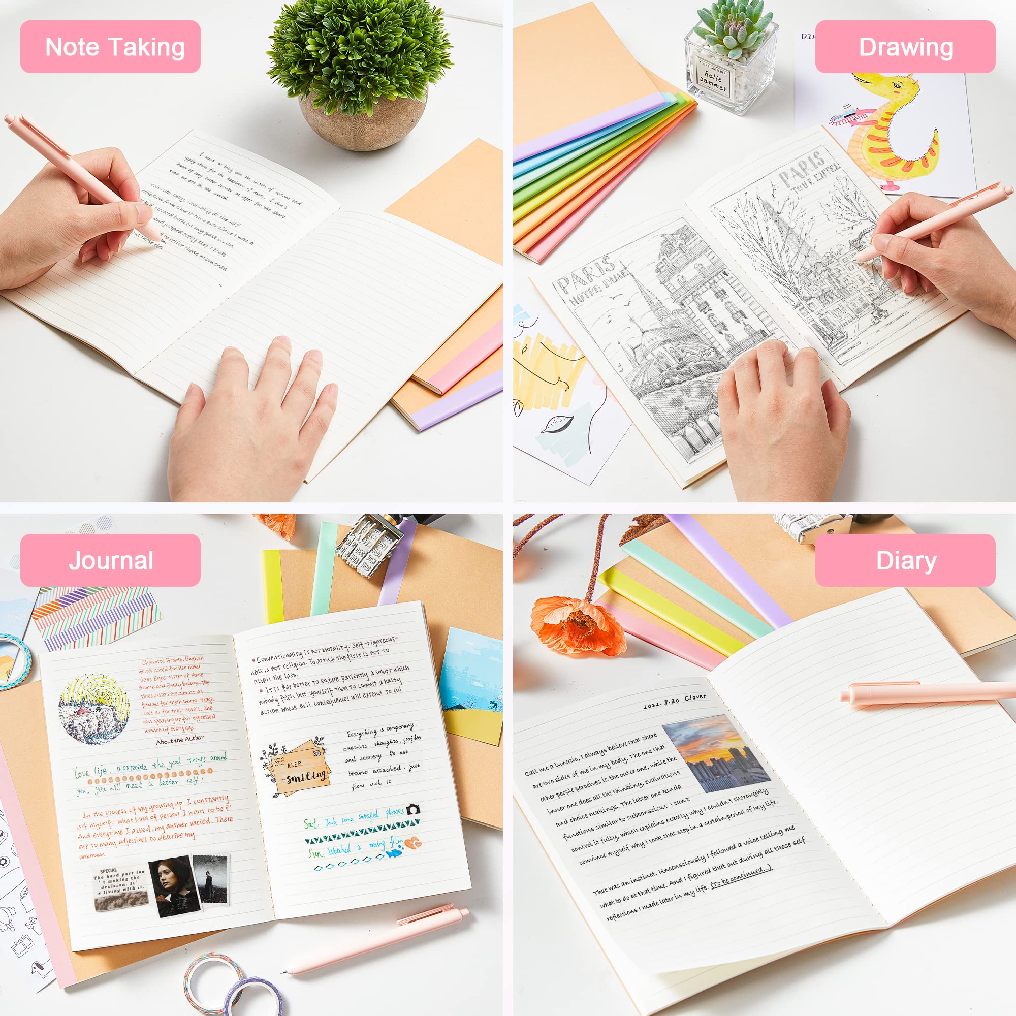 feela 16 Pack Composition Notebook Bulk, Kraft Cover Lined Blank College Ruled Travel Journals with Pastel Color Spine for Women Students Office, 60 Pages, 8.3”x 5.5”, A5, 8 Pastel Colors