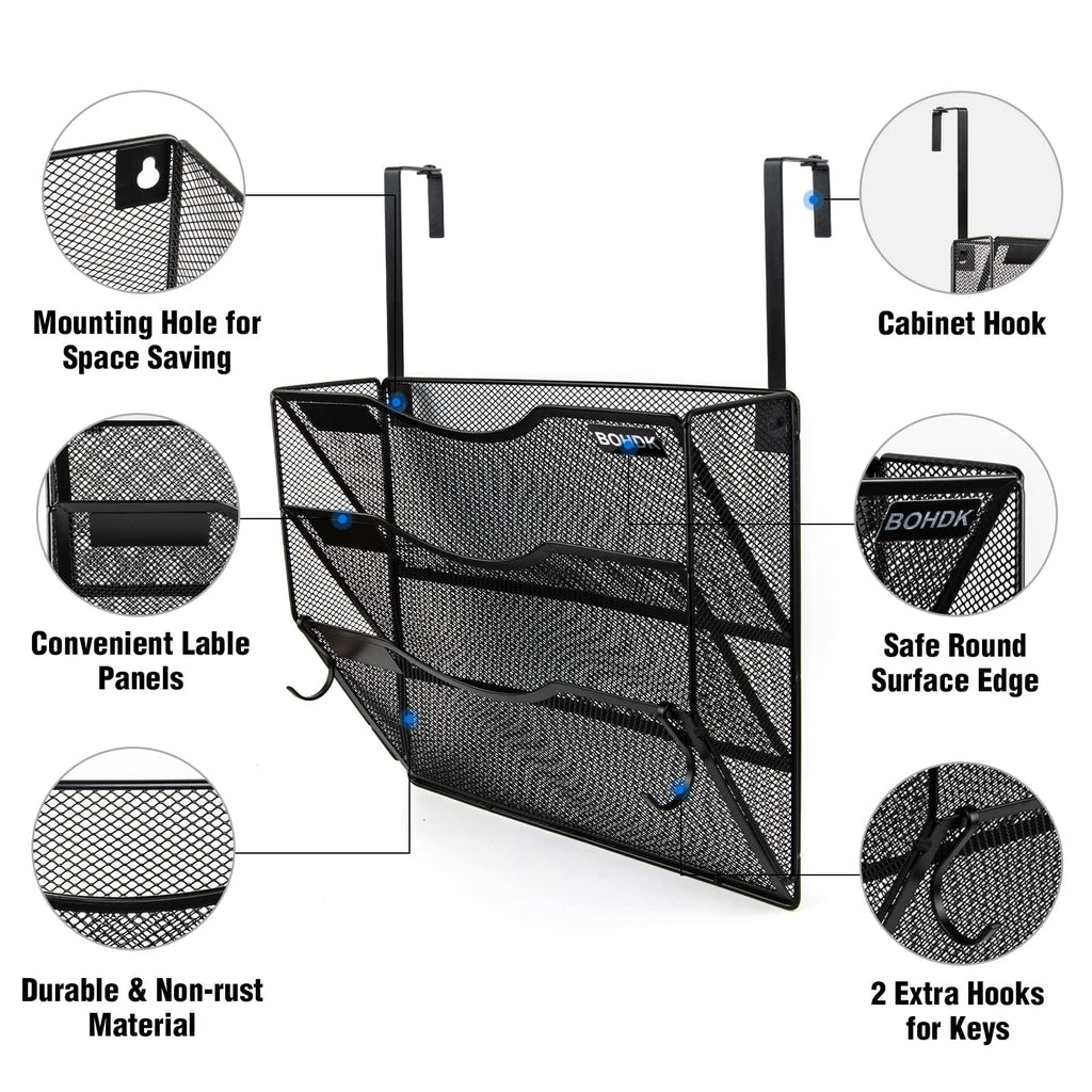 Wall File Organizer, 3 Tire Hanging File Folder Mail Organizer, Vertical Mesh Metal Door/Wall Mount Hanging File Holder, Paper Document Magazine Rack with Hooks for Home Office Black