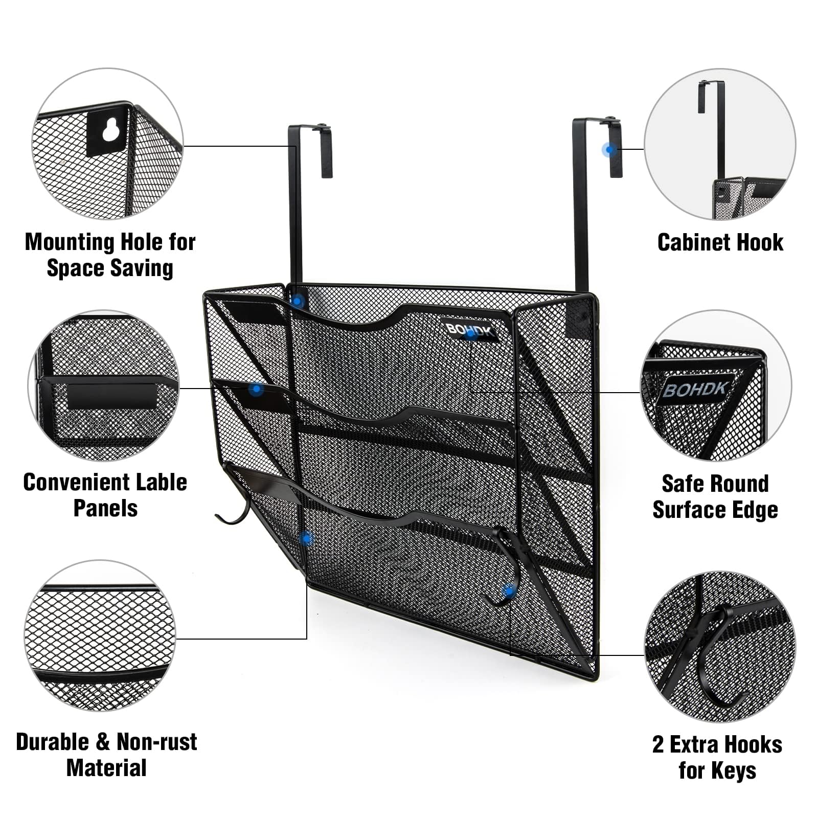 Wall File Organizer, 3 Tire Hanging File Folder Mail Organizer, Vertical Mesh Metal Door/Wall Mount Hanging File Holder, Paper Document Magazine Rack with Hooks for Home Office Black