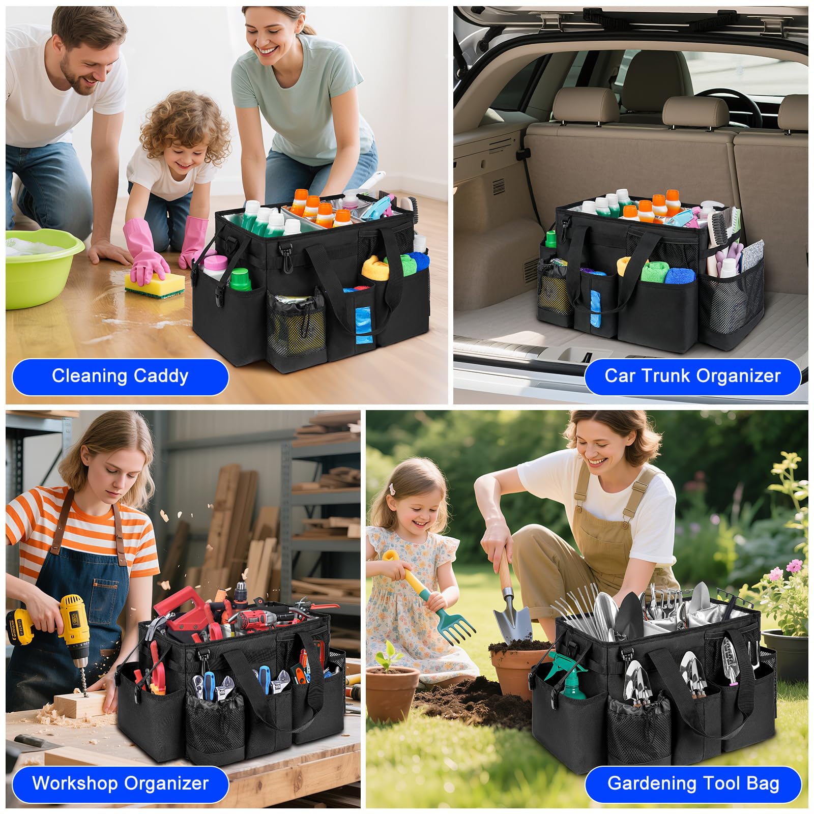 Jaffzora Cleaning Caddy Bag, Cleaning Supplies Organizer for Housekeepers, Housekeeping Caddy with Handle and Detachable Padded Cushion, Black