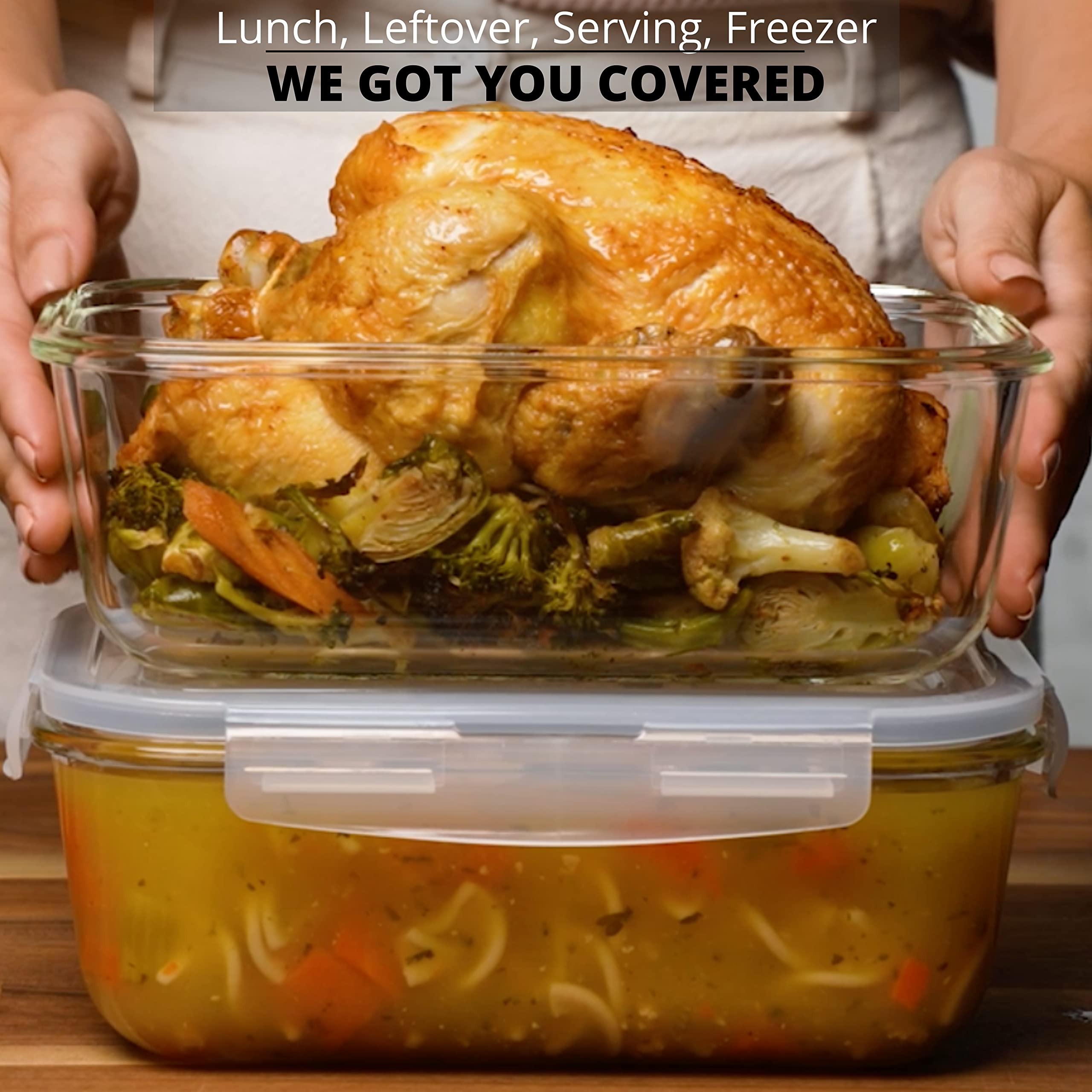 Razab 8 Cups / 63 Oz 2 Pack Large Glass Container Food Storage with Lids - Leakproof, BPA-Free Large Glass Meal Prep Container Ideal for Roasting Turkey, Store Leftover - Microwave & Oven Safe