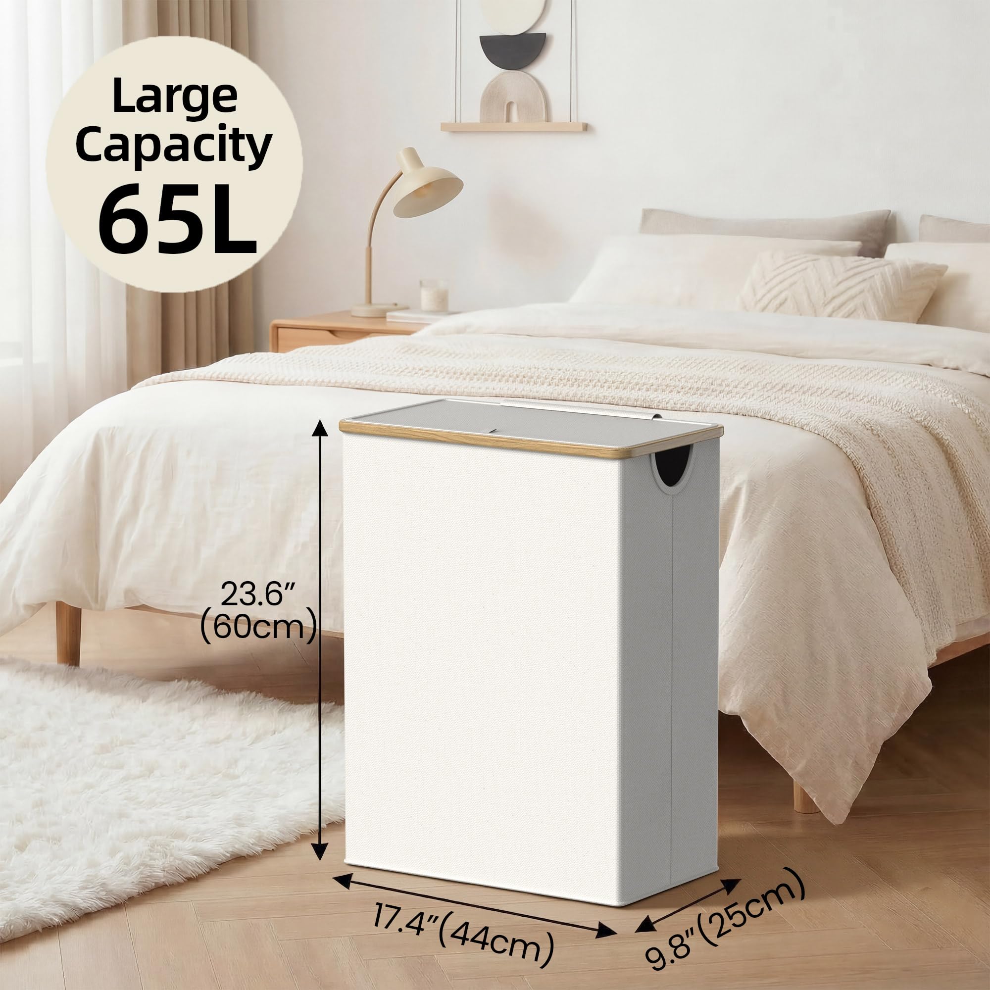 efluky Slim Laundry Basket with Lid, Narrow Laundry Hamper with Removable Bag, Skinny Dirty Clothes Basket with Bamboo Handles for Bathroom, Bedroom & Laundry Room, 65L Beige