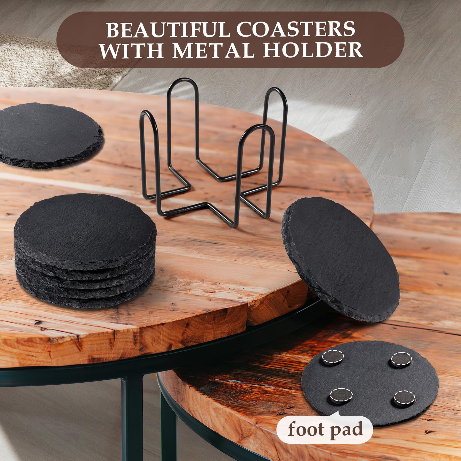 Slate Drink Coasters with Metal Holder, GOH DODD Set of 8 Black Coasters, 4 Inch Stone Coaster Set Coffee Table Decor Tabletop Protection for Home Kitchen Housewarming Gifts Wedding Party, Round