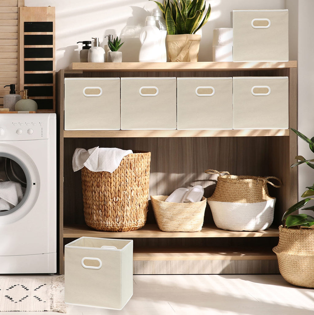Simple Houseware 11 Inch Foldable Cube Storage Bin with Handle, 6 Pack, Beige