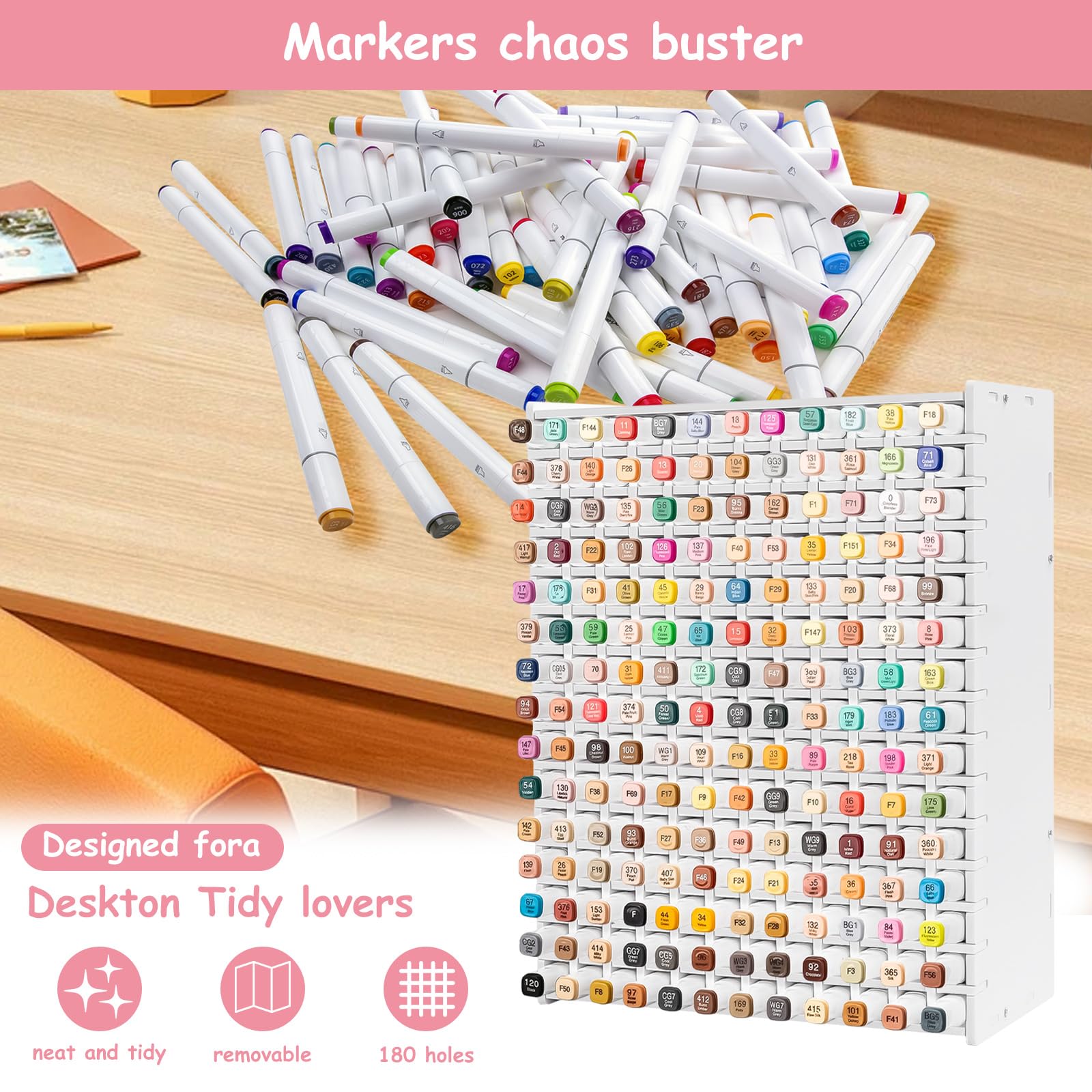 SelWatty Marker Organizer, Hold 180 Markers, With Removable Partition, Pencil Storage Organizer, Holds Stationery such as Scissors, Sticky Notes, Tape, Desk Accessories for Home School (180 Holes)