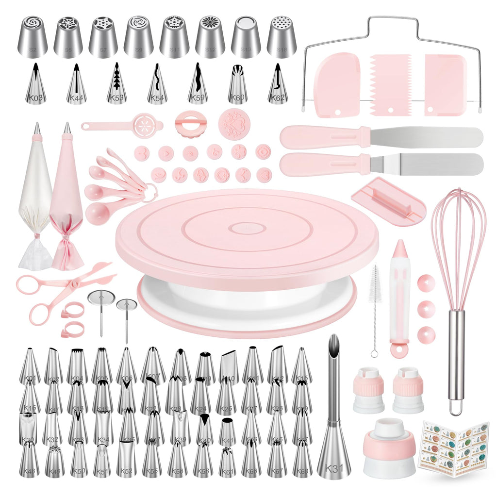 Kootek 158 Pcs Cake Decorating Kit with Cake Turntable, 64 Piping Tips, 50+2 Pastry Bags, Frosting Spatulas, Leveler, Scrapers, Fondant Molds, and More Baking Supplies Decorating Tools