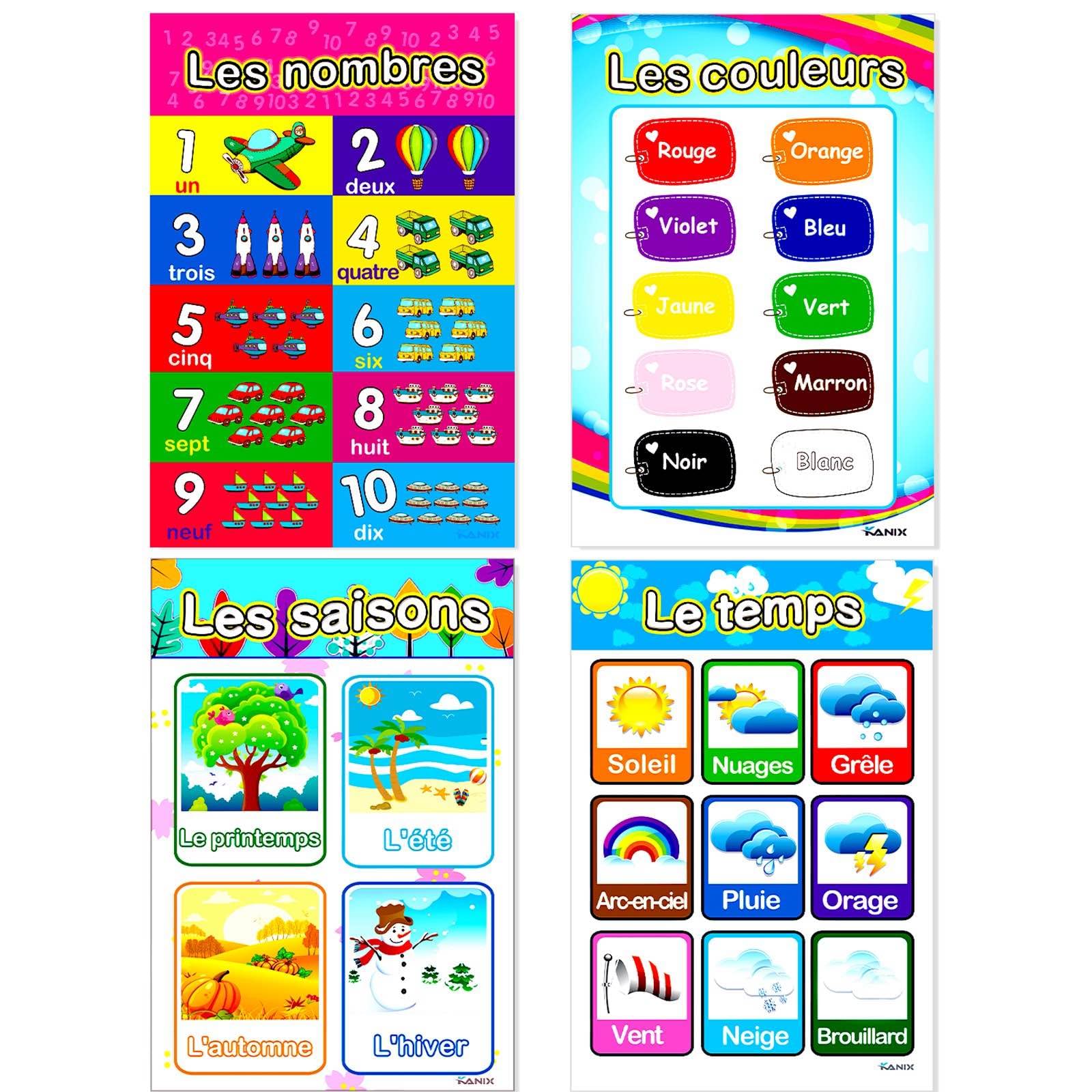 8 French Educational Preschool Posters Alphabet Numbers Colours Months Seasons Shapes Weather Days Weeks for Toddlers Kids Nursery Homeschool Kindergarten School Classrooms ABC kid Affiches éducatives en français canadien(11 x 17 in.)