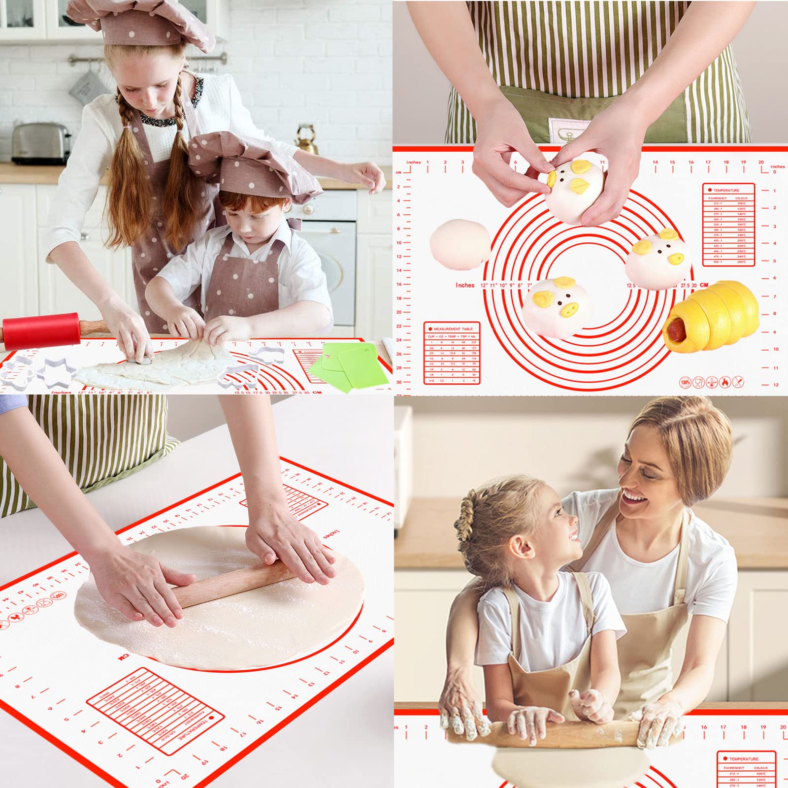 Extra Large Silicone Baking Mat with Measurements for Rolling Dough, Non Slip Pastry Mat Nonstick Oven Mats Various Size for Baking Pizza Bread Cakes (Red, 23.6x31.5 inch)
