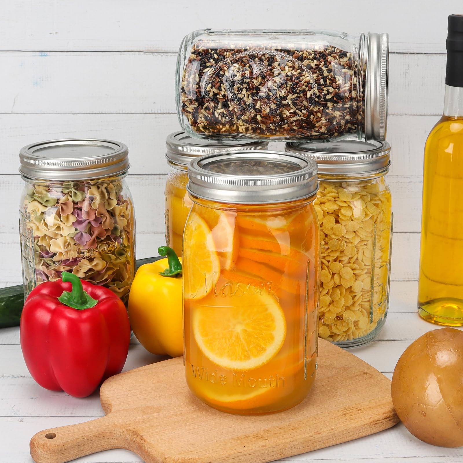 CycleMore 32oz 6 Pack Mason Glass Jars with Black Lids, Clear Regular Mouth Canning Jars for Jelly, Jam, Honey, Wedding Favors, Spices and Herbs