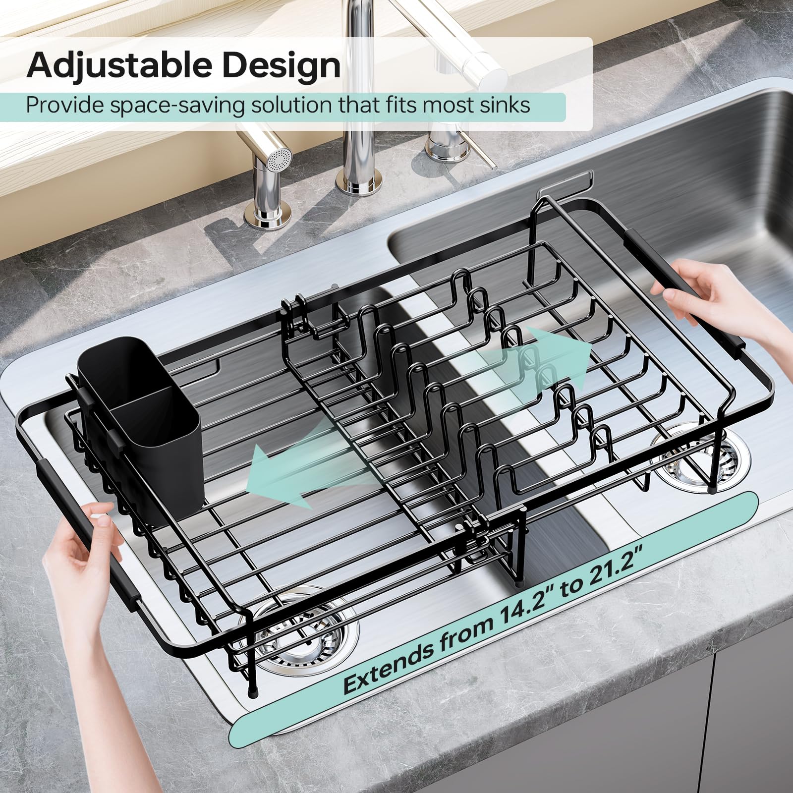 Expandable-Sink-Dish-Drying-Rack with Utensil Holder for Kitchen Counter, in Sink and Over The Sink, Rust Resistant, Black
