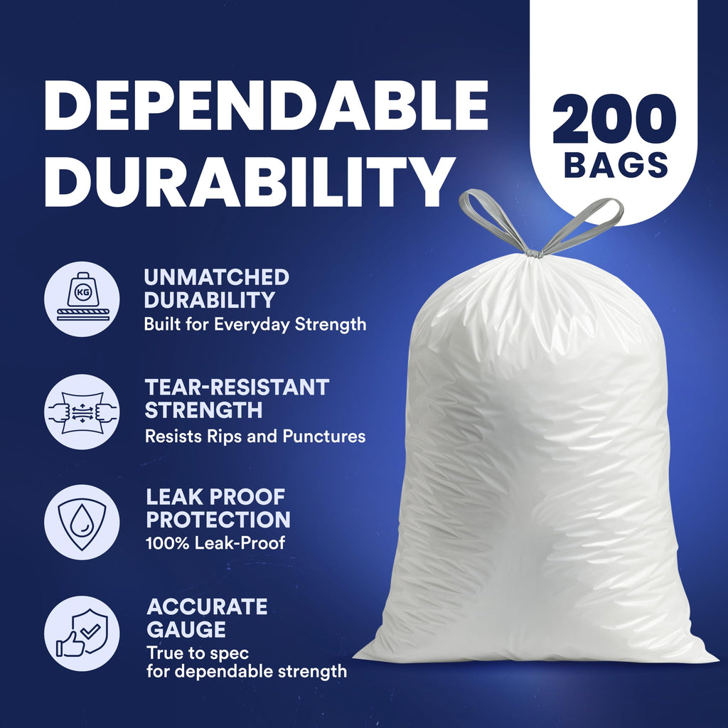 Plasticplace 8 Gallon Trash Bags │ 0.7 Mil │ White Drawstring Garbage Can Liners │ 22" x 22" (200 Case), Count