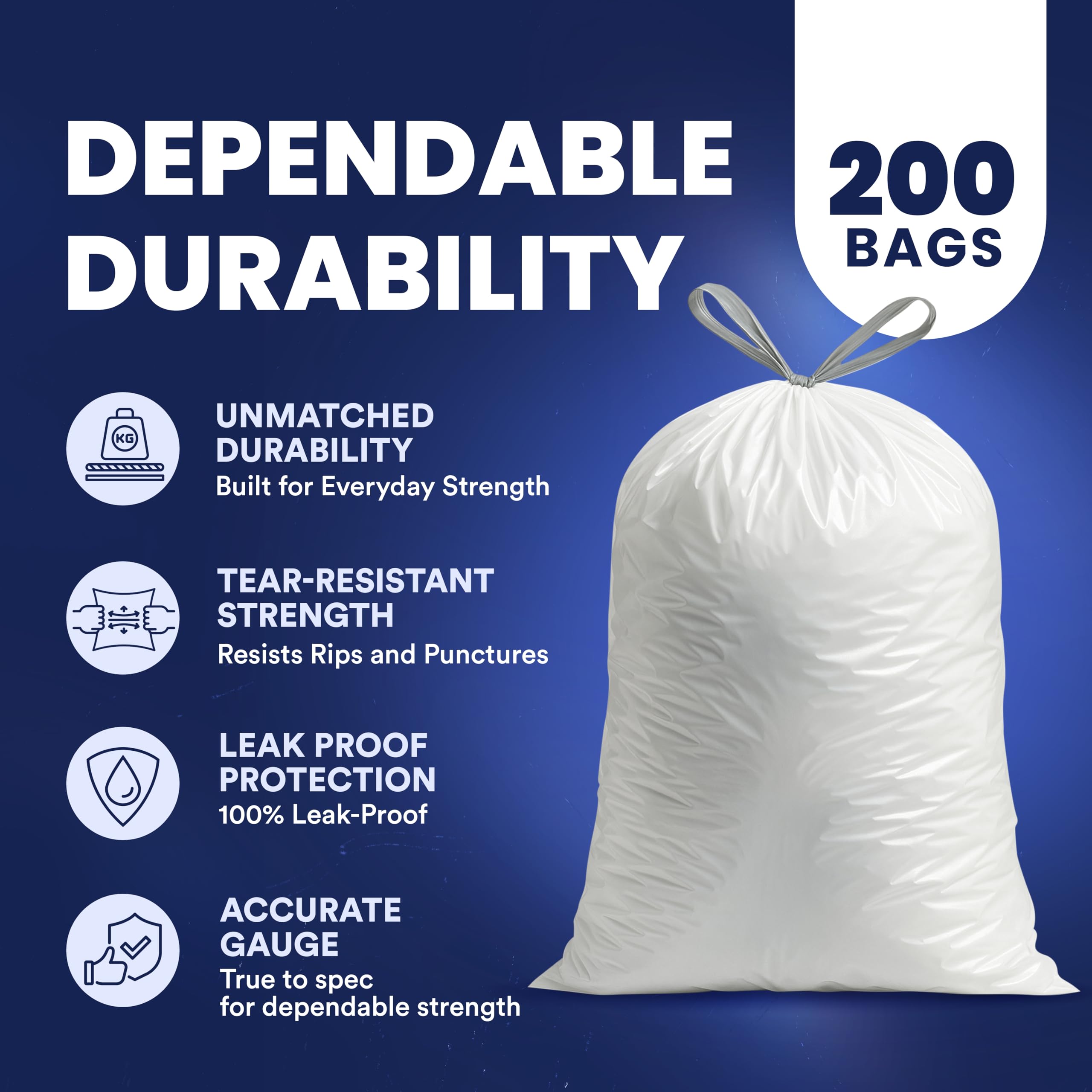 Plasticplace 4-6 Gallon White Drawstring Bags, 100% Prime Material, 17x20, 0.7 Mil, 200/Case