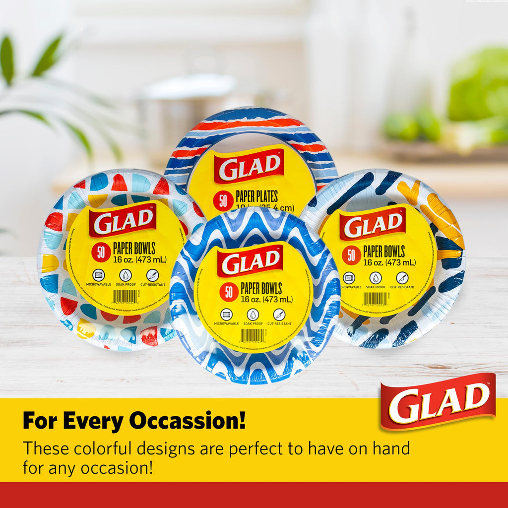 Glad Round Disposable Paper Bowls, Scribble Abstract Design - Heavy Duty, Soak Proof, Cut-Resistant, Microwavable Bowl for All Foods & Daily Use, 16 Oz, 50 Count