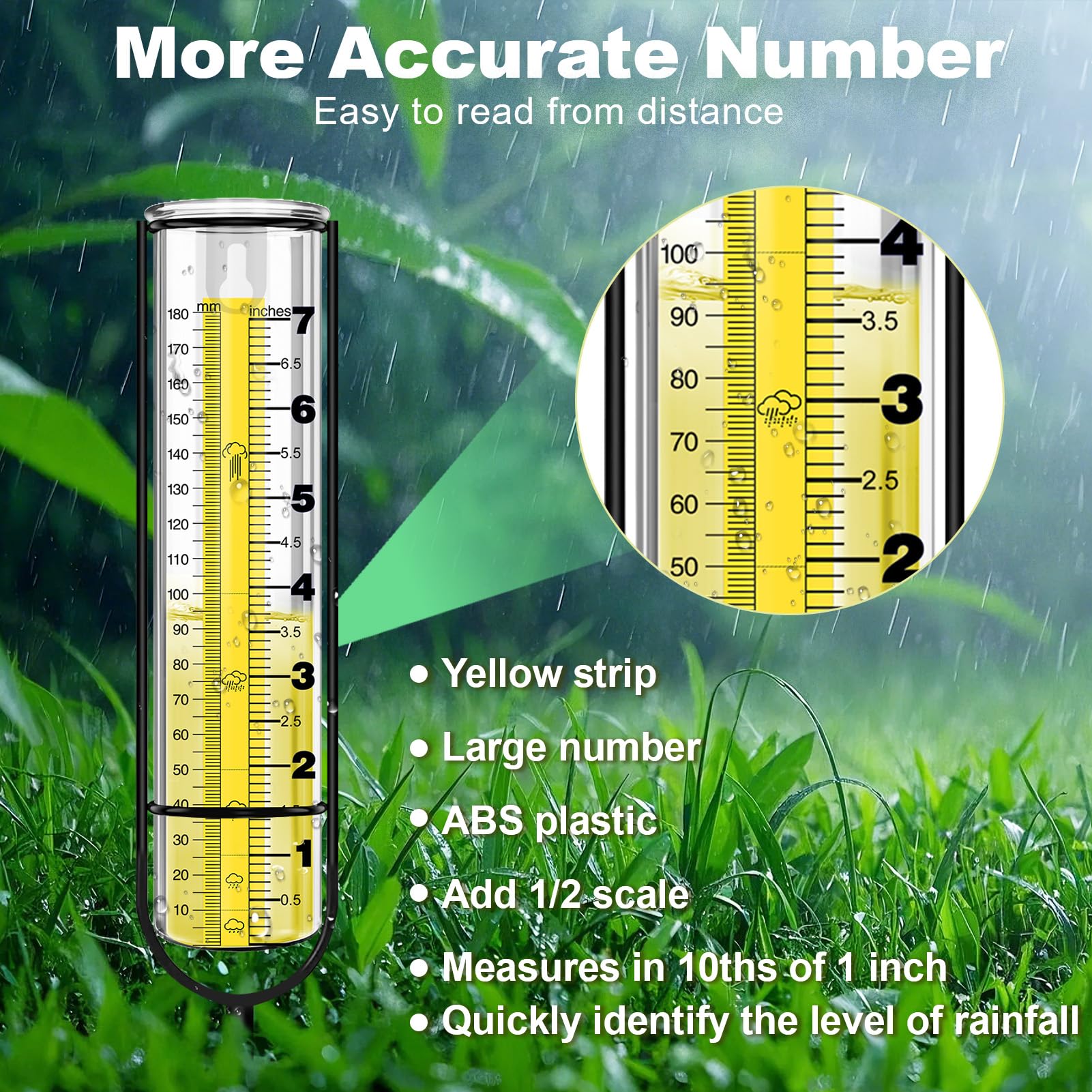Rain Gauge Outdoor, Rain Gauges with Metal Stake for Yard, Upgraded Large Clear Numbers 7'' Freeze Proof Thickened Transparent Plastic Measure Tool Garden Lawn Adjustable Height 37'' Tall