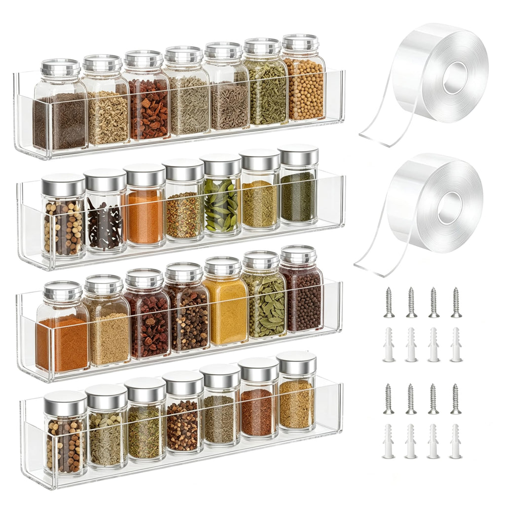 PMMASTO Adhesive Spice Rack Organizer for Cabinet, Acrylic Spice Rack Wall Mount, Space-Saving Spice Organizer Wall Spice Rack for Kitchen Cabinet, Cupboard, Countertopor Pantry Door (Clear - 4 PACK)