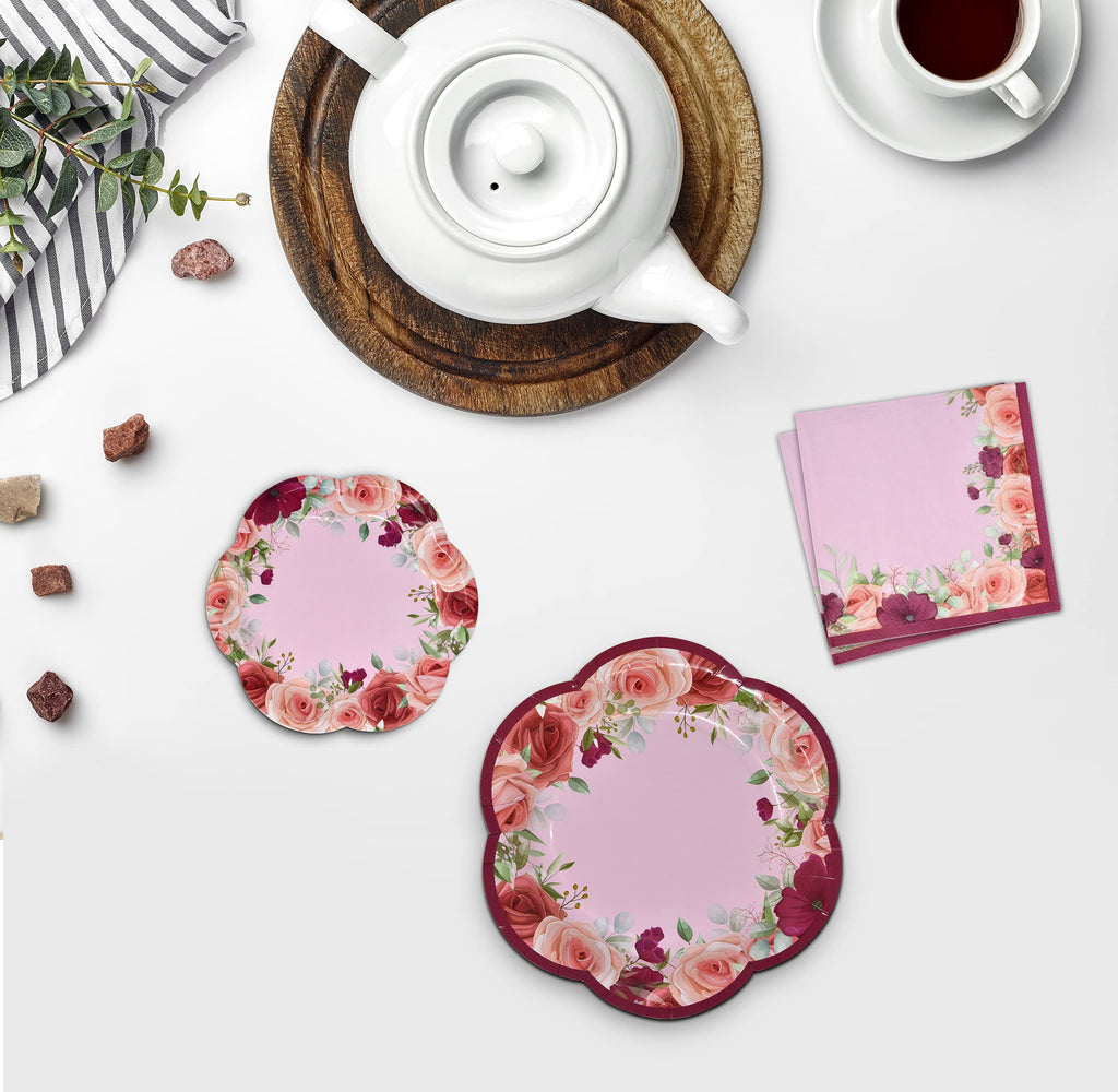 Floral Tea Teacup Party Supplies Set 24 7" Flower Shaped Paper Plates 24 5" Scalloped Saucer Plate 24 7 Oz Tea Cup with Handle 48 Lunch Napkin for Disposable Spring Bridal Baby Shower Wedding Birthday
