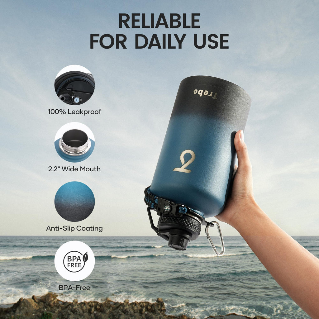 Water Bottle 64oz with Paracord Handle, Trebo Half Gallon Food-Grade Double Wall Vacuum Stainless Steel Insulated Jug with Straw Spout Handle Lids, Leakproof Keep Cold & Hot, Ombre: Indigo/Black