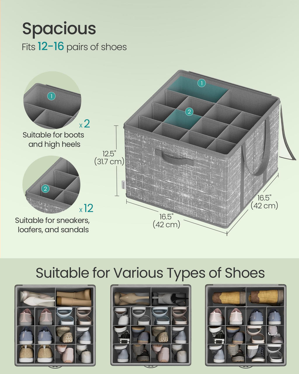 SONGMICS Set of 2 Shoe Organizers for Closet, Fits 16 Pairs Each, Shoe Storage Bins, Fabric Containers with Handles and Clear Cover, for Bedroom, Entryway, Closet, Cattail Gray ULSP602G01