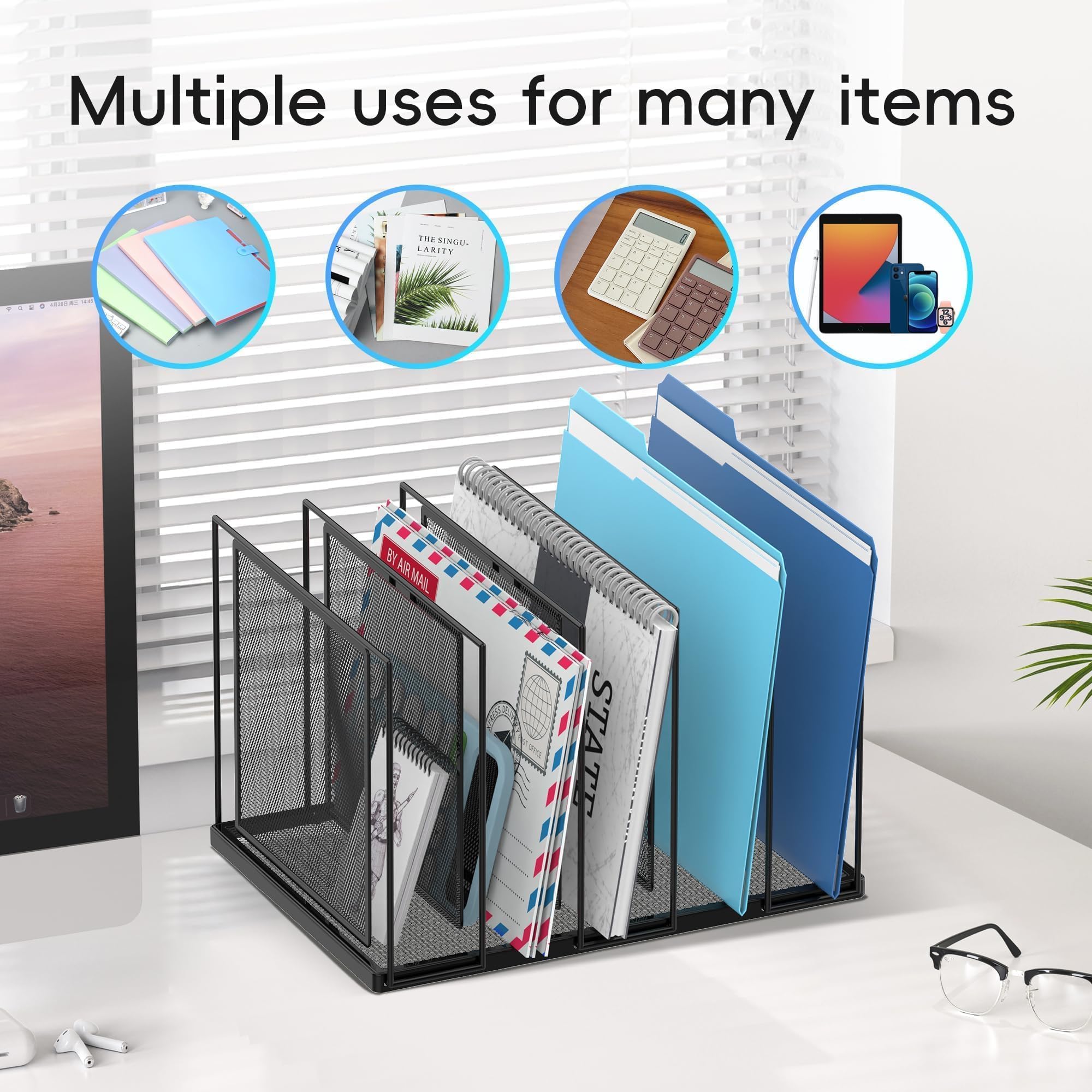 JMHUD Inclined Desktop File Sorter, 5-Section Vertical File Folder, Mail Sorter Organizer for file holders, Metal File Organizer, Desktop File Folder Organizer for Office Classroom, Black