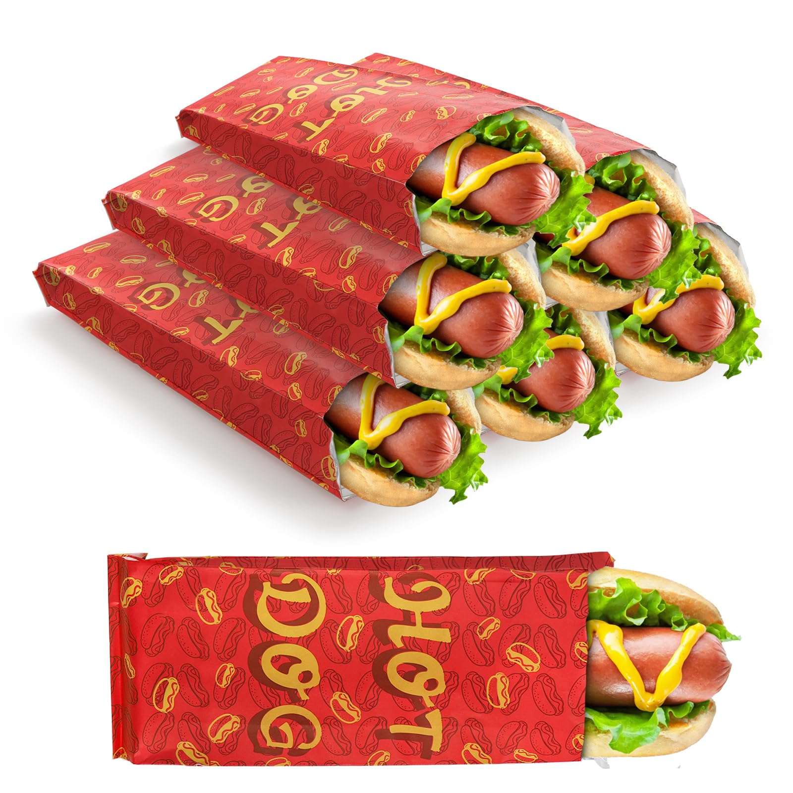Yarlung 200 Pack Hot Dog Bags Grease-proof Food Wrapper, Warming Aluminum Foil Wrap Paper Sleeves Retain Heat for Popcorn, Sausages, Snack Bars, Food Trucks, Carnival, 9.5x3.5x1.5 Inches