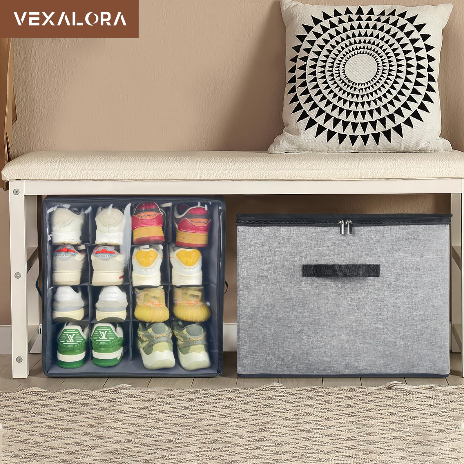 Vexalora Shoe Organizer for Closet, 2 Pack Shoe Storage Bins with Clear Cover, Adjustable Dividers Fits 16-32 Pairs Shoe Boxes, Organizador de Zapatos, Grey