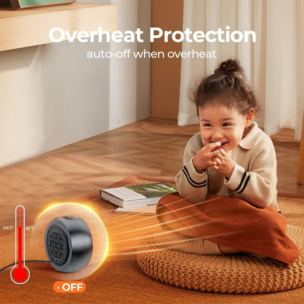 ASNUG Space Heater, Portable Electric Heaters for Indoor Use, PTC Ceramic Small Heater, 2S Efficient Heating, Tip-0ver & Overheat Protection, Quiet Mini Desk Heaters for Bathroom Home Office,Black