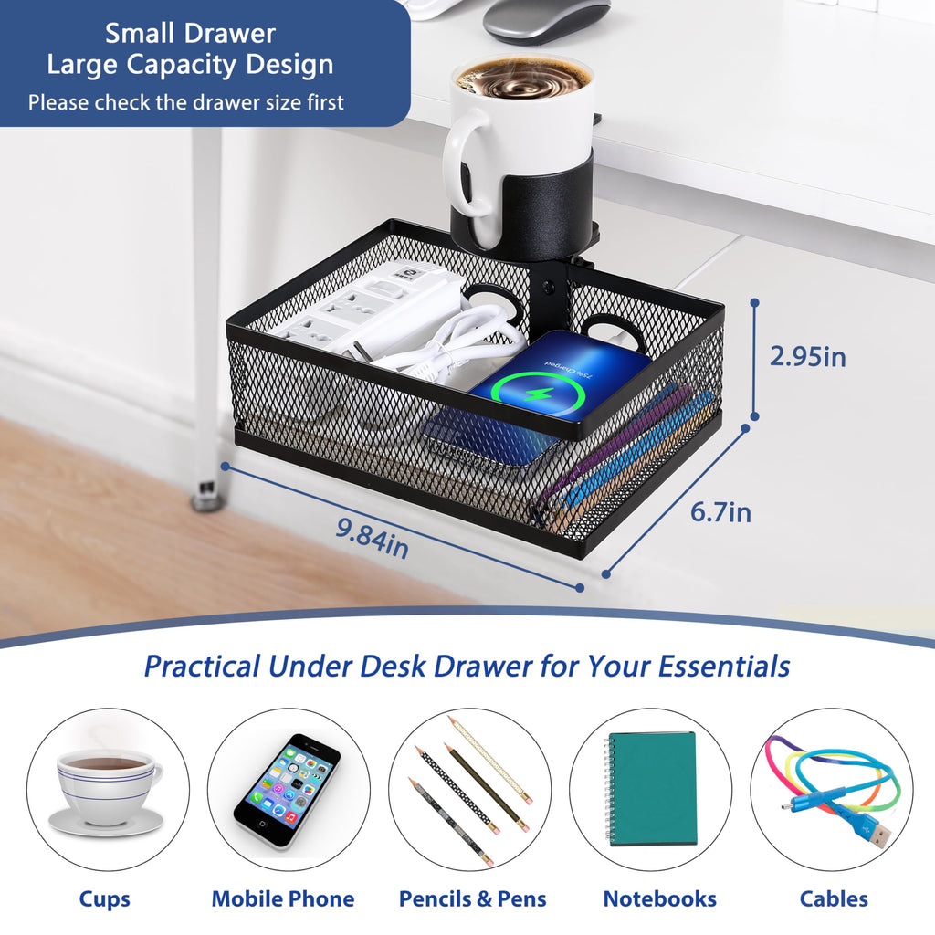 ROLIZOE 360 Rotating Under Desk Drawer Organizer Clamp On Desk Cup Holder No Drilling Swivel Pencil Drawer Under Shelf Storage Anti-slip Mesh Metal Under Table Storage Drawer Basket for Home Office