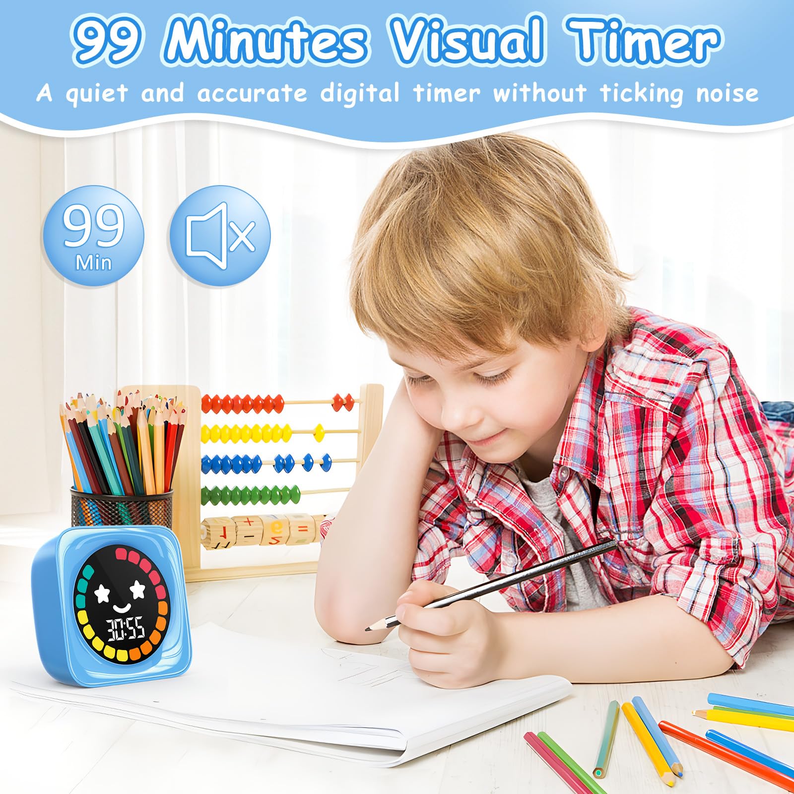 Visual Timer for Kids, 99 Minute Digital Cute Kids Visual Timer Classroom for Homeschool Supplies Study Teaching Time Management Tool Countdown & Stopwatch, Blue with Colorful Display