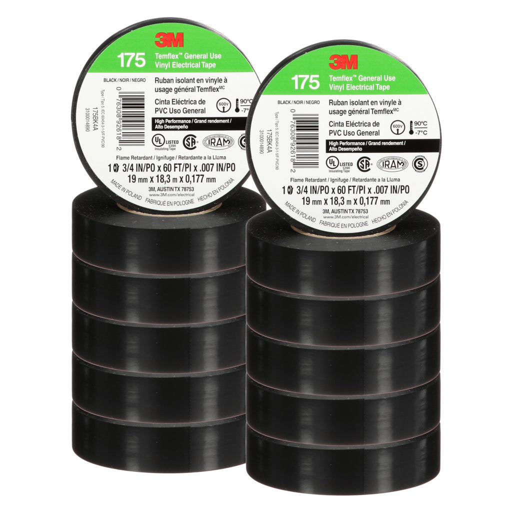 3M Temflex 175, Vinyl Electrical Tape, Black, 3/4in x 60ft, 10 Rolls