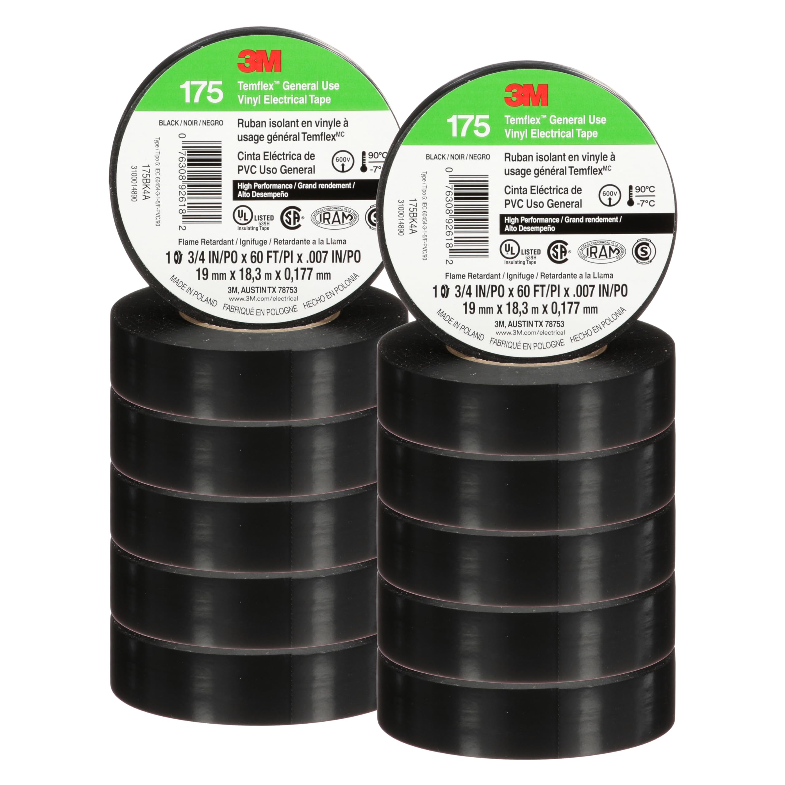 3M Temflex 175, Vinyl Electrical Tape, Black, 3/4in x 60ft, 10 Rolls