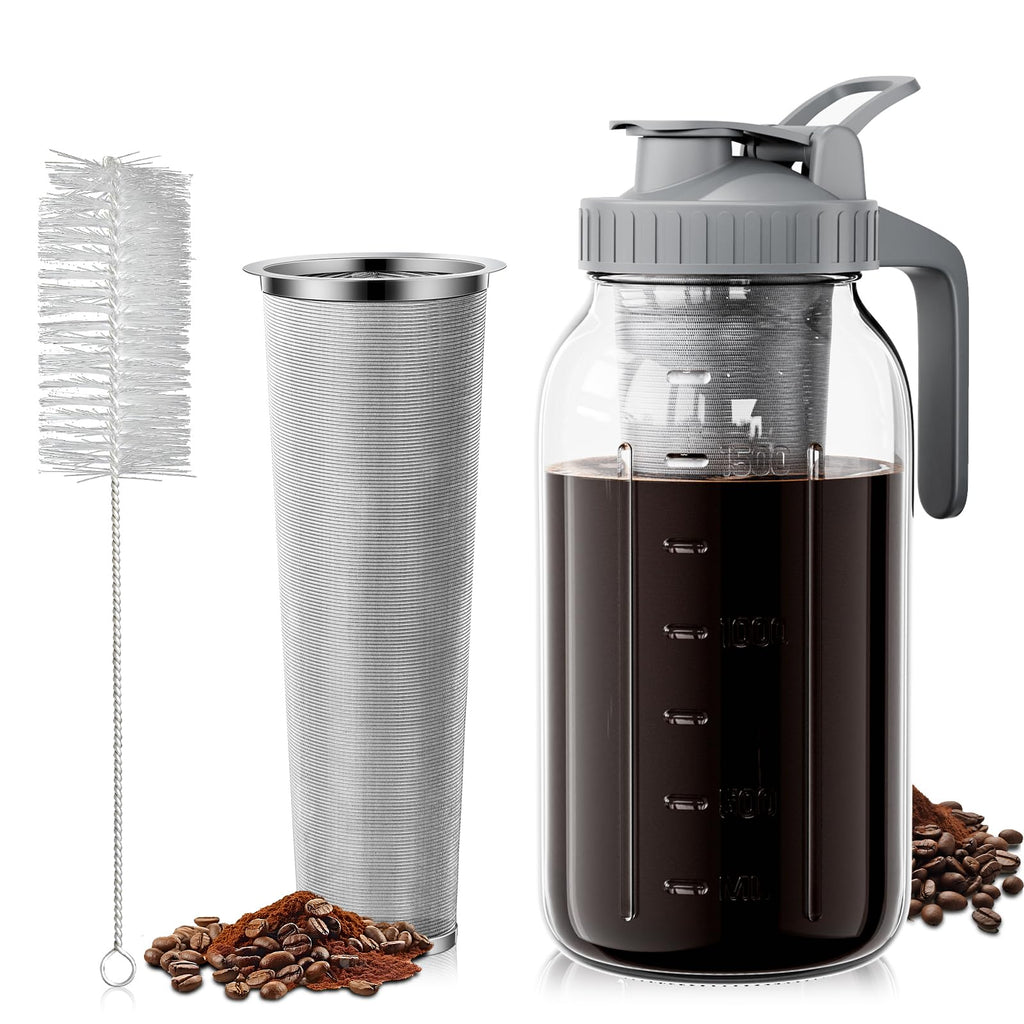 VA1KENE 64oz Cold Brew Coffee Maker with Stainless Steel Filter - Mason Jar Pitcher With Lid and Spout, No Leaks Iced Coffee Maker for Coffee, Ice Tea, Lemonade and Cold Brew