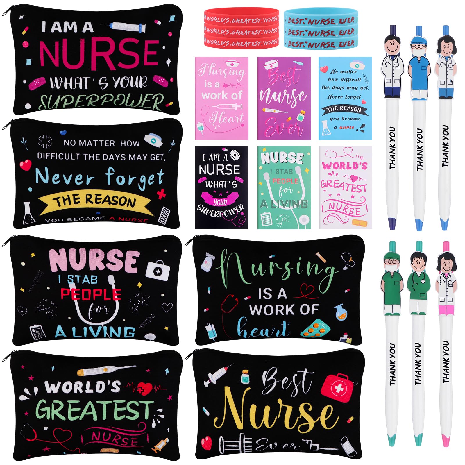 24 Pcs Nurse Appreciation Gifts Bulk Nursing Week Gifts Inspirational Notebooks Nurses Pens Makeup Bags Bracelets 2026 Nurse Week Gift Thank You Gifts for Nurses Doctor Medical Staff Nursing Students