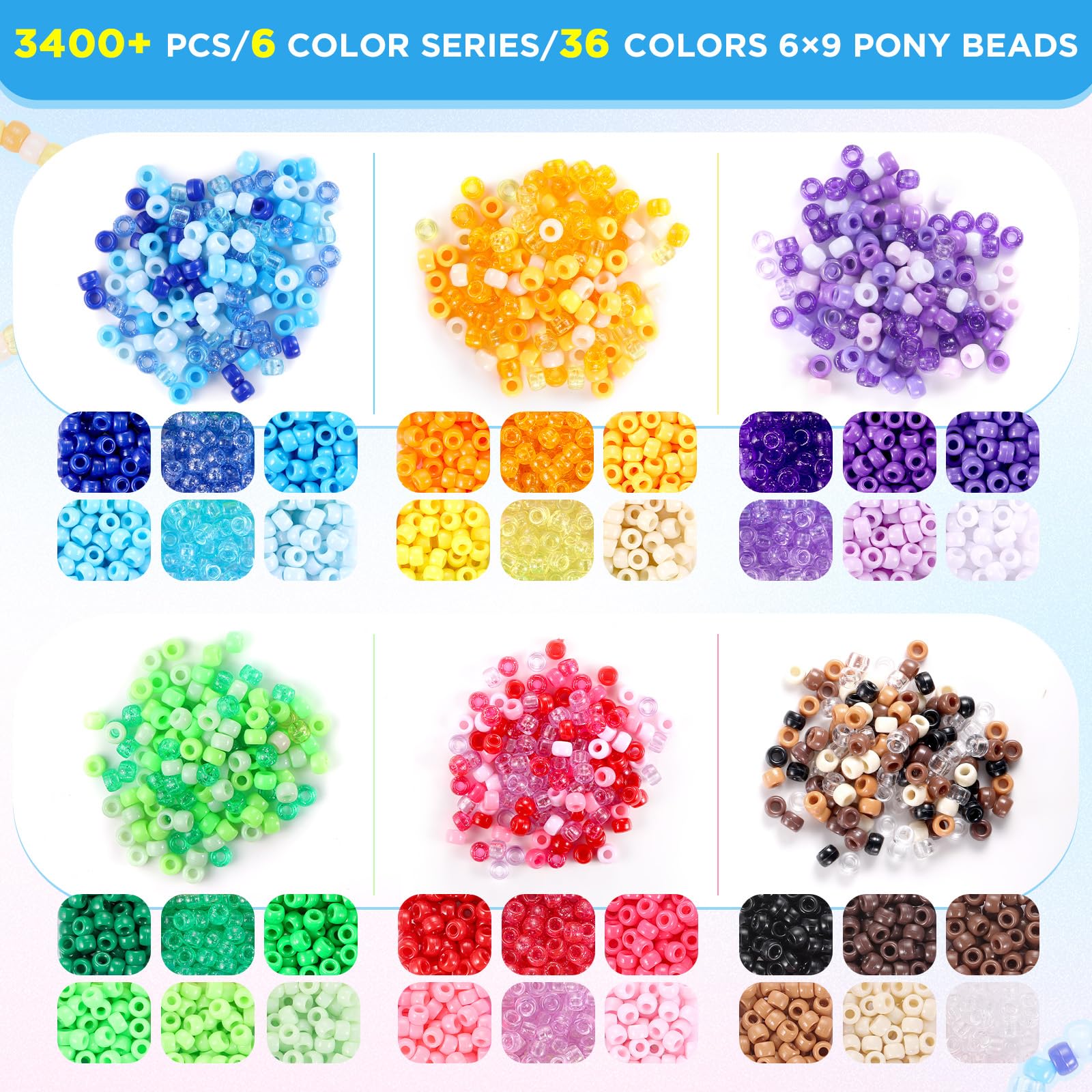 Funtopia 3400 Pcs Colorful Pony Beads Bulk, 36 Colors Kandi Beads for Bracelets and Jewelry Making, Rainbow Hair Beads for Braids, DIY Crafts, Key Chains and Ornaments Decorations