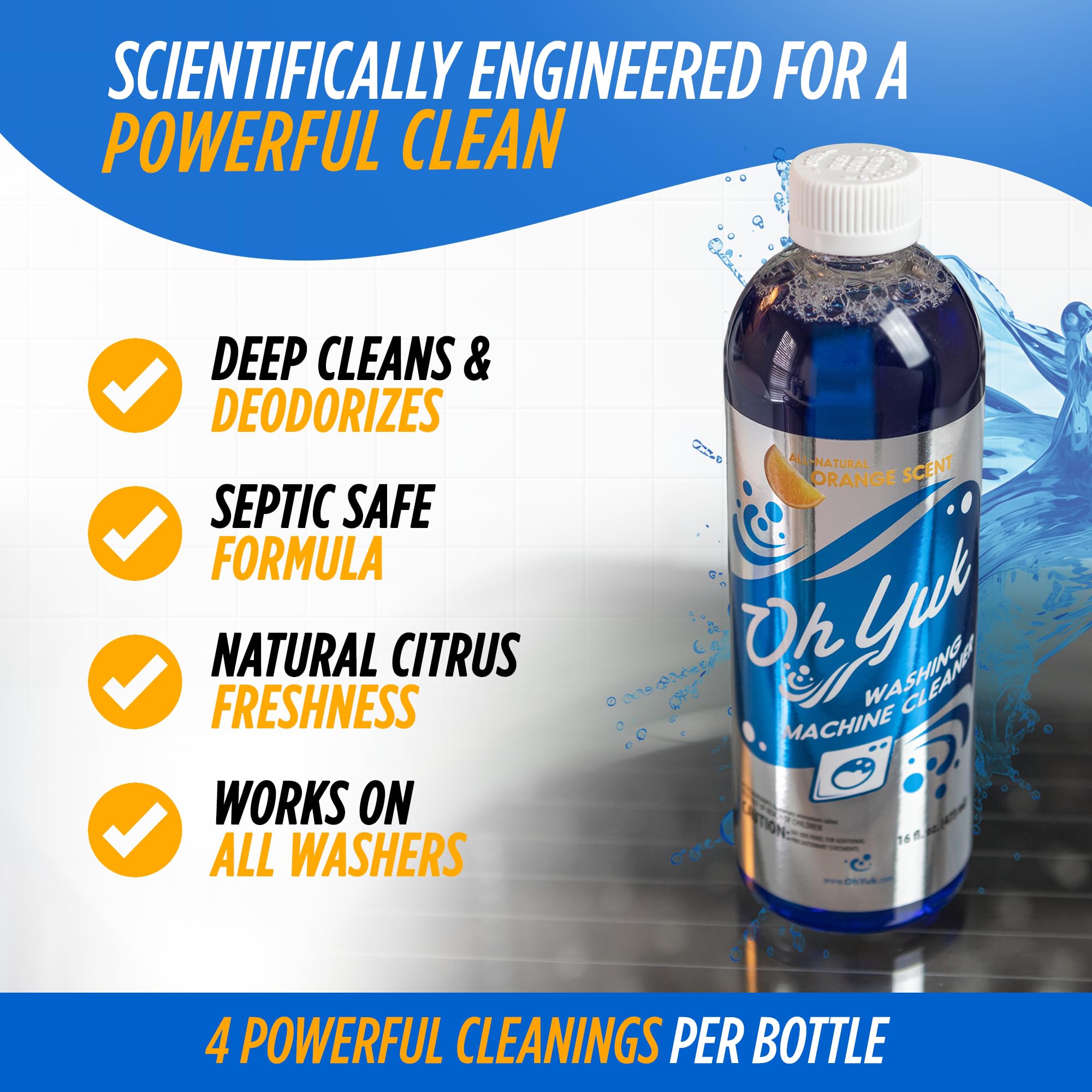 Oh Yuk Washing Machine Cleaner for All Washers (Top Load, Front Load, HE and Non-HE), Natural Citrus Fragrance, Four Cleanings Per Bottle, Septic Safe, 16 Fl Oz