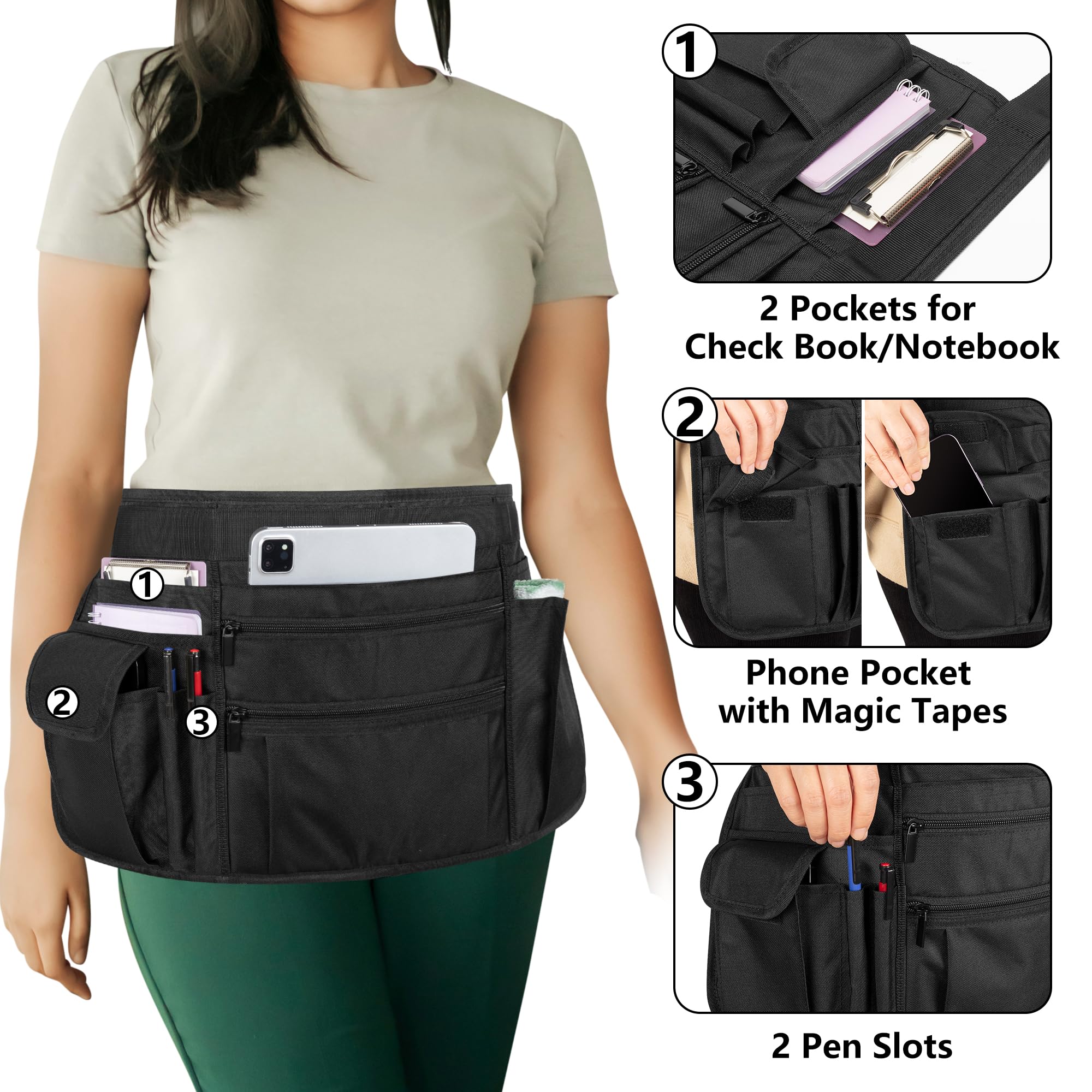 Rexmica Waitress Apron Server Apron with Multiple Pockets, Half Apron with Adjustable Belt for Waitress, Waiter, Women Men Server, Waist Apron for Restaurant, Bistro, Kitchen, Black